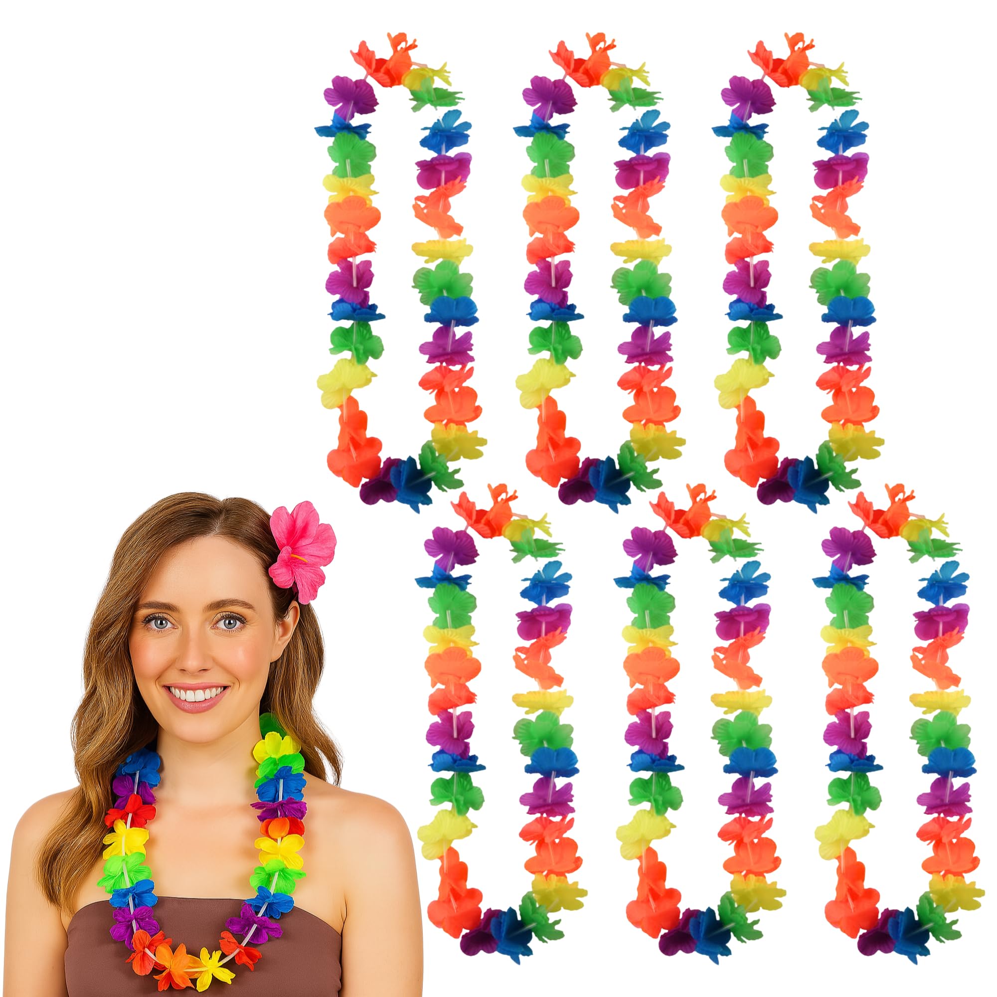 Lizzy 6 x Hula Lei (100cm) – Multicoloured Neon Hawaiian Flower Garland | Fancy Dress Accessory for Luau, Hen Party, Festival, Beach Event, or Summer Costume | Lightweight Tropical Necklace (6)