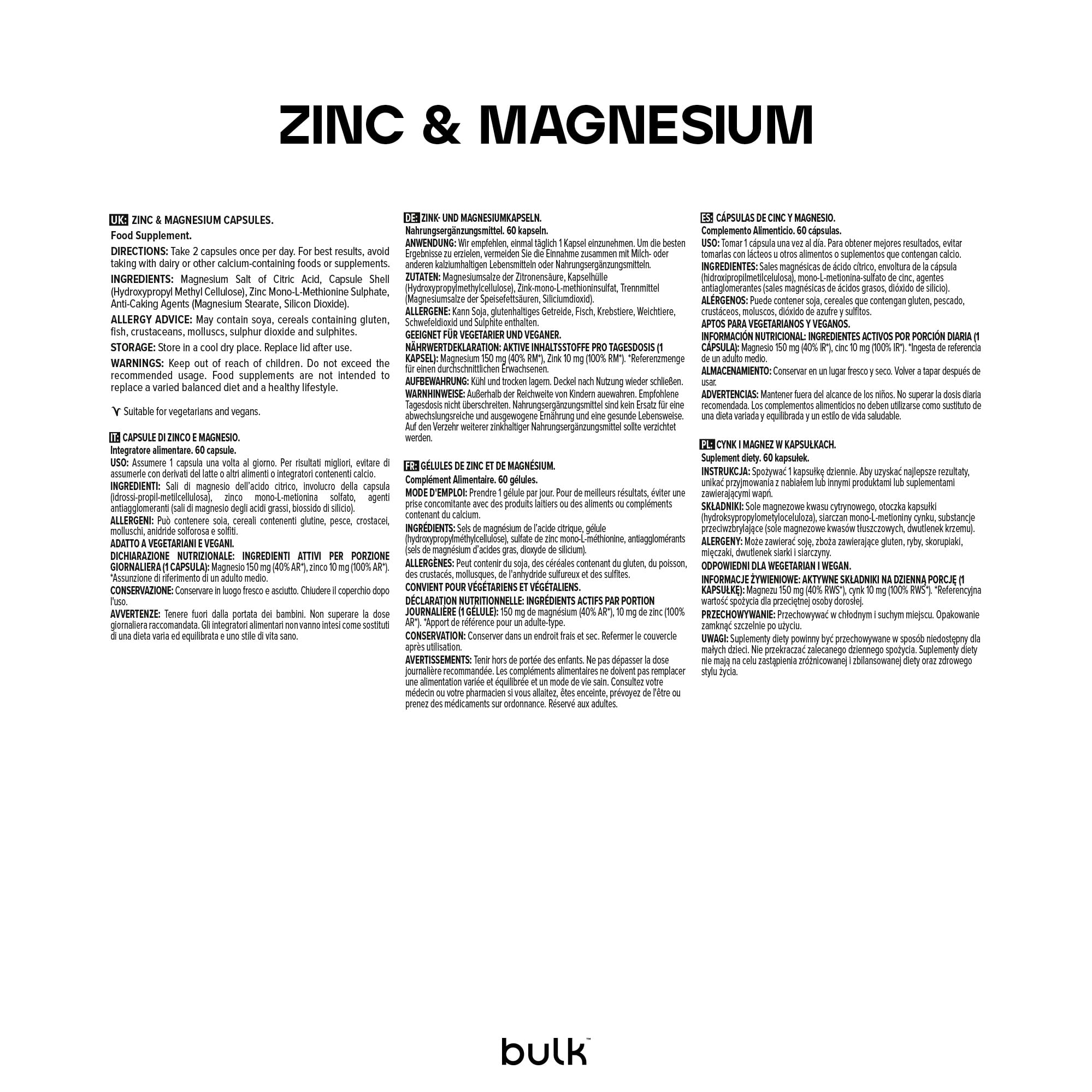 Bulk Gélules de Zinc et Magnésium, Soutient la santé des os musculaires et la fatigue, 180 Capsules