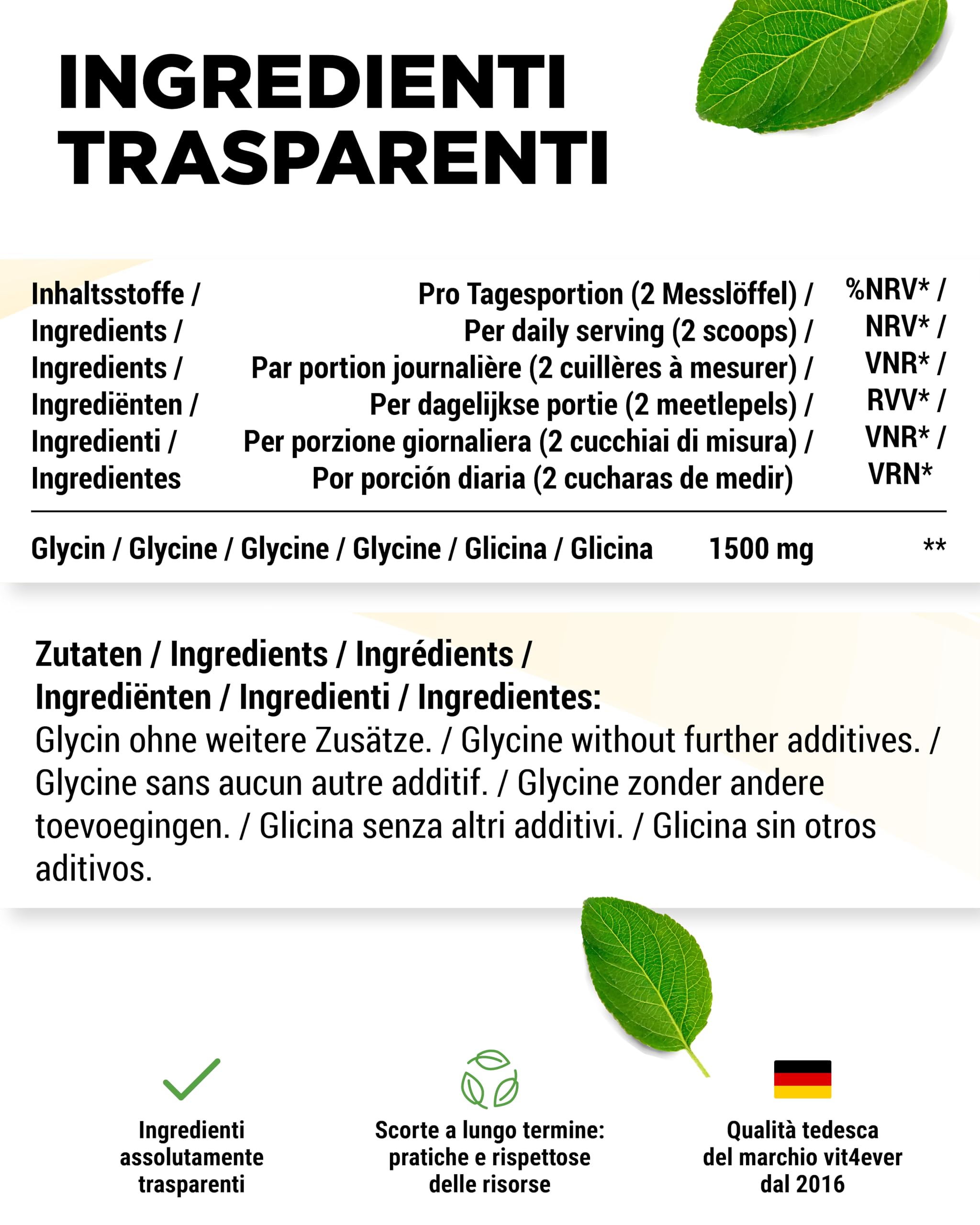 vit4ever Glicina pura - 1000 g (1 kg) di polvere pura senza additivi - Con cucchiaio dosatore - Amminoacido L-glicina dosato in modo ottimale, naturalmente dolce - Vegano