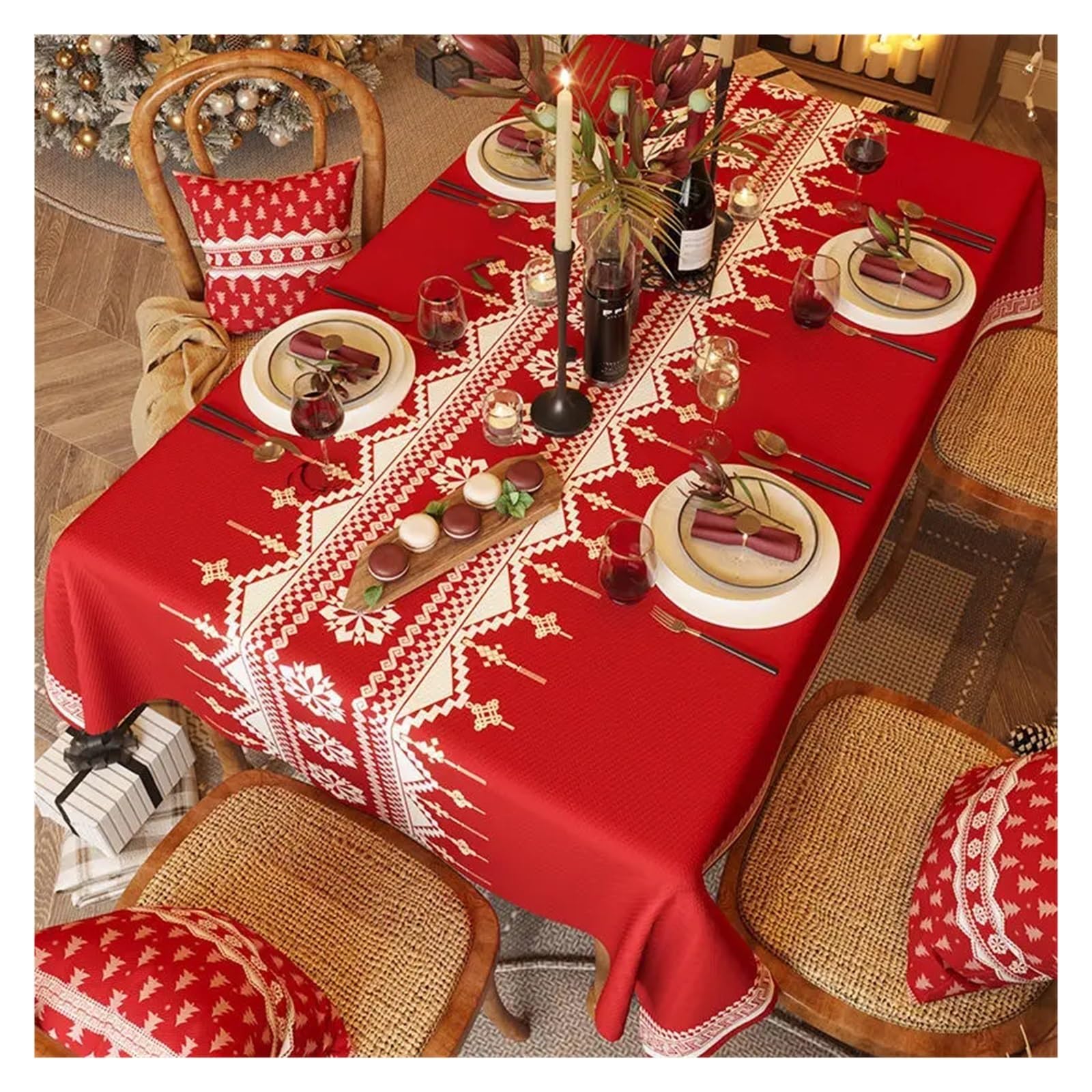 LYHYDMA christmas table cloth Red New Year Festive Christmas Tablecloth Kitchen Dining Table Party Tea Table Mat Home Decor Washable Dustproof Tablecloth For party, decoration(1,90x150cm 35x59inch)