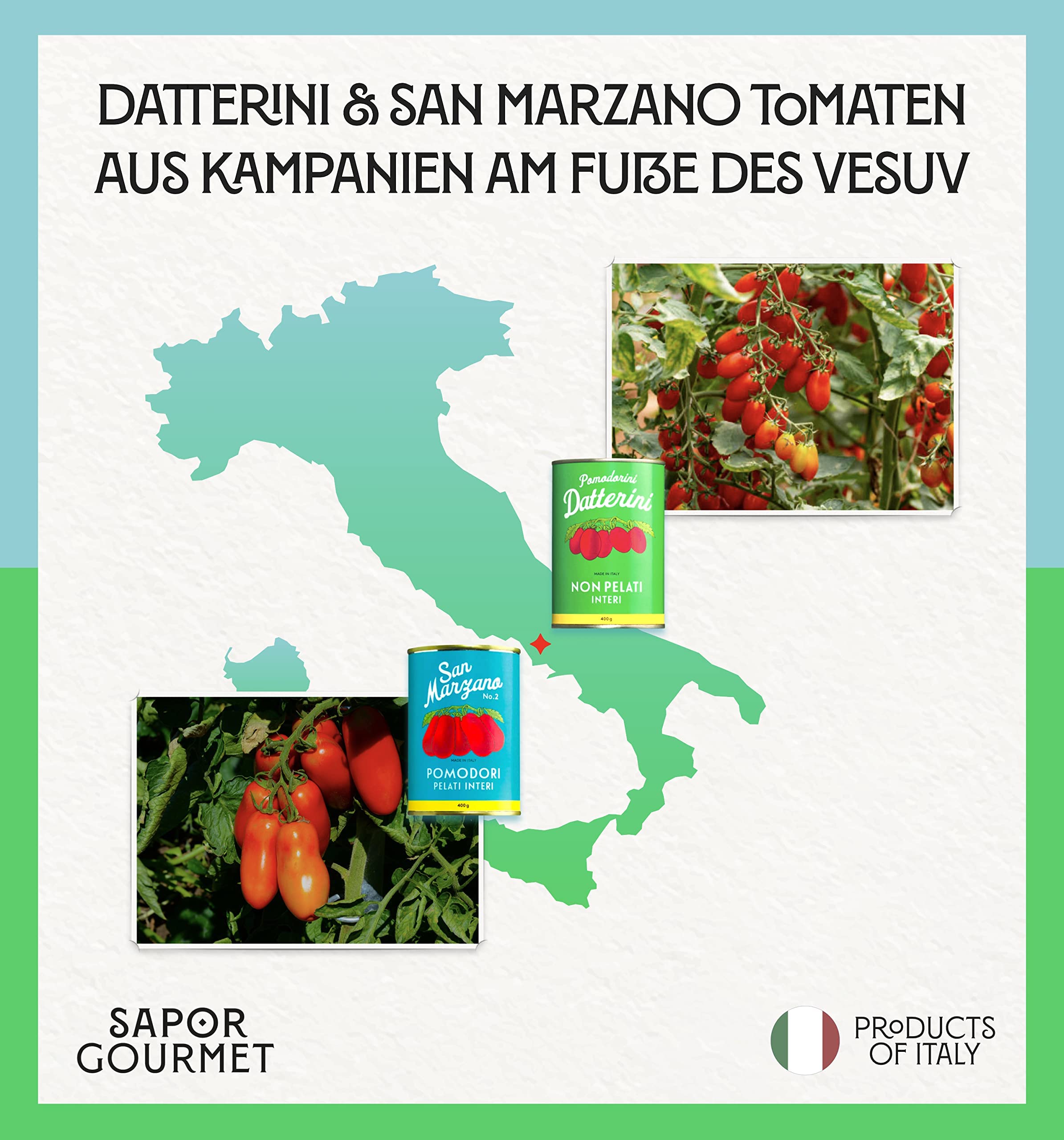 Sapor Design SAN MARZANO Tomaten aus Italien | Die besten Tomaten der Welt im Set | Dosentomaten, San Marzanos | Viele Varianten (San Marzano + Datterini (Türkis-grün), 24 Dosen)