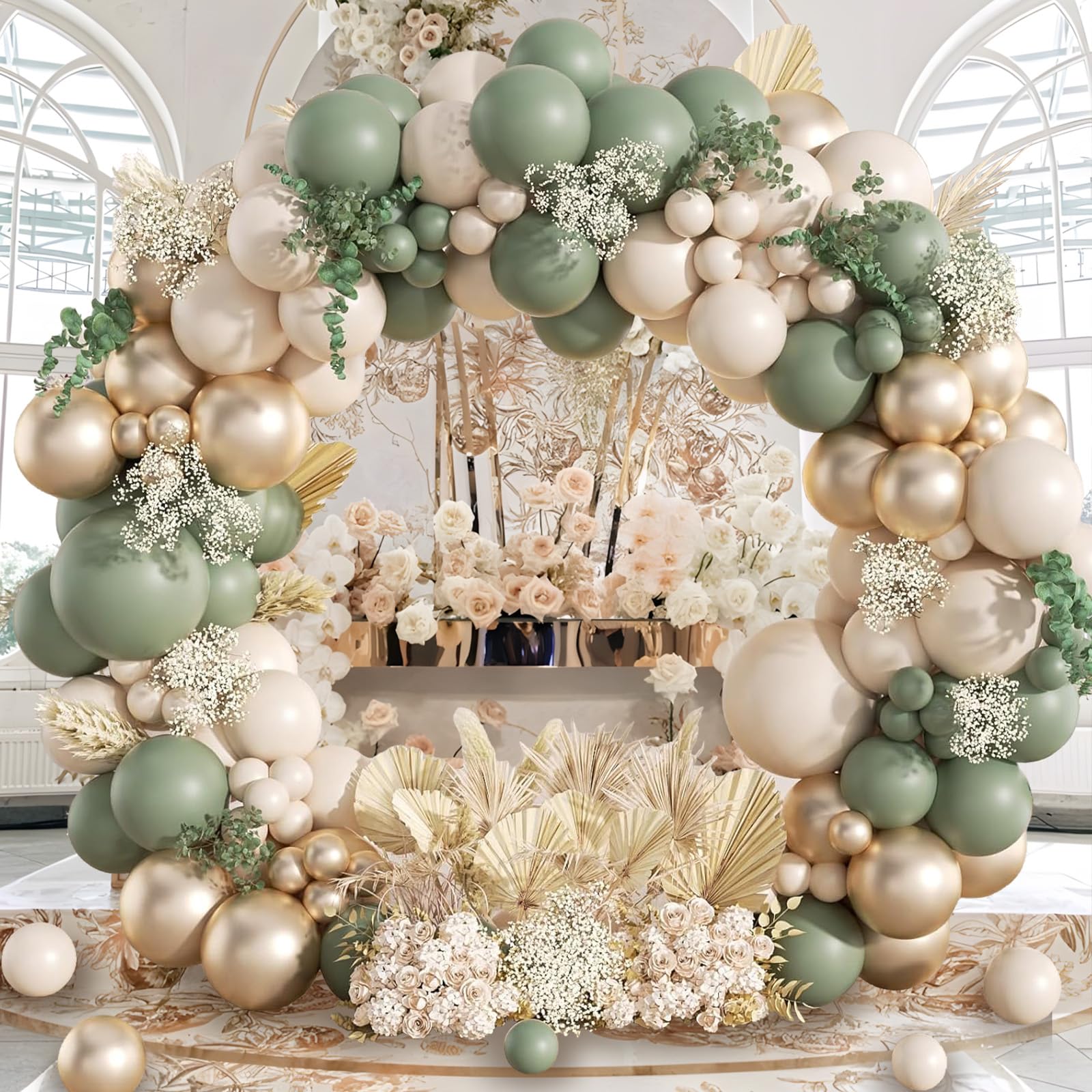 Kit Arco Palloncini Verde Salvia, 108pcs Palloncini Compleanno Verdi Con Verde Avocado, Oro Champagne e Sabbia Bianco Palloncini Per Compleanno, Baby Shower, Battesimo Bambino, Addobbi Matrimonio
