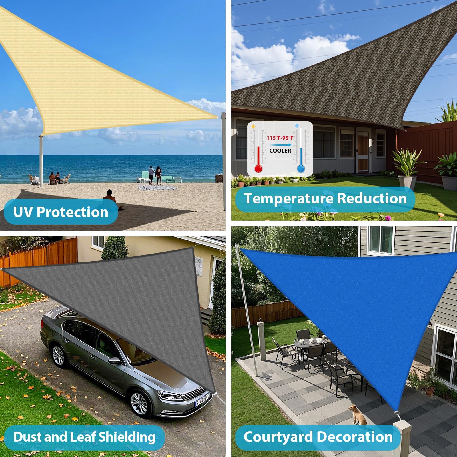 Amagenix Sonnensegel Sonnenschutz,3.7x5.5x6.6m Nach Mass,UV Schutz HDPE Gewebe Sonnensegel Dreieckig,Robust & Stabil Wasserdurchlässig Sunsegel für Garten Balkon Terrasse,Hellgrau