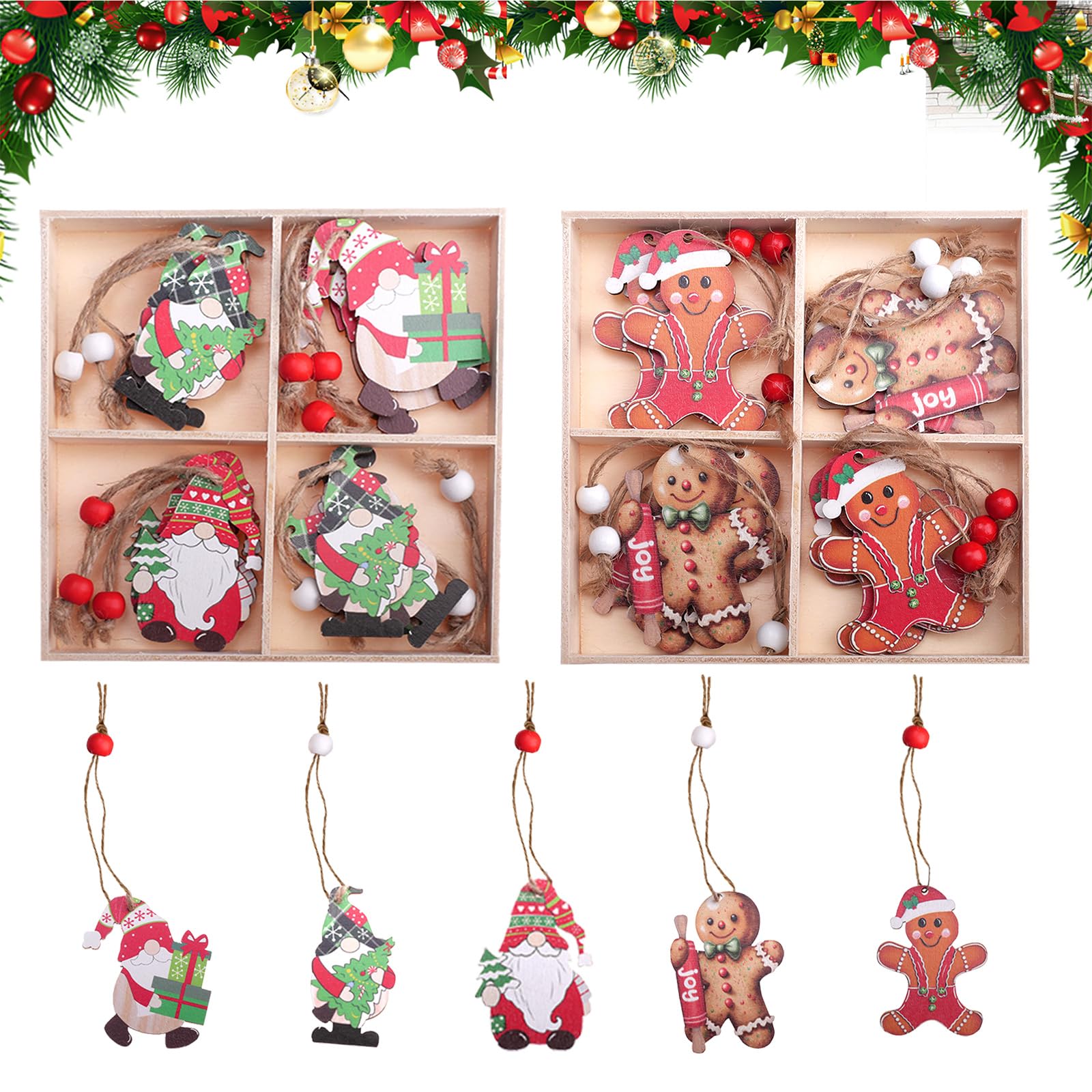 Zfseyuh 24 Piezas Colgante de Árbol de Navidad Adornos Navidad Madera con Cuerda Gnomo Hombre de Jengibre Ornamentos de Navidad Decoración de Navidad para Casa Árbol de Navidad