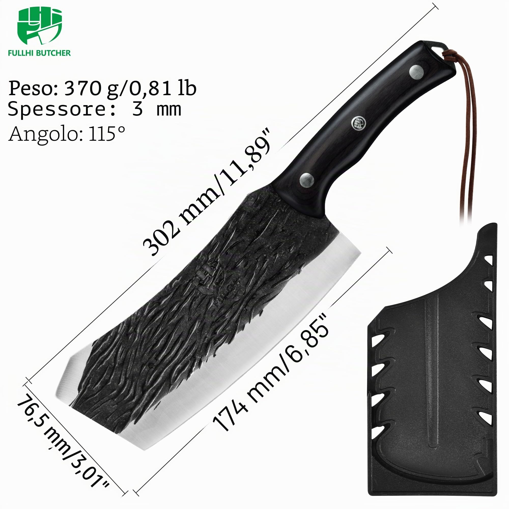 FULLHI Coltelli da cucina con fodero, coltello da chef con manico in legno per cucinare e tagliare la carne, coltelli per verdure e frutta. (nero, 30,2)