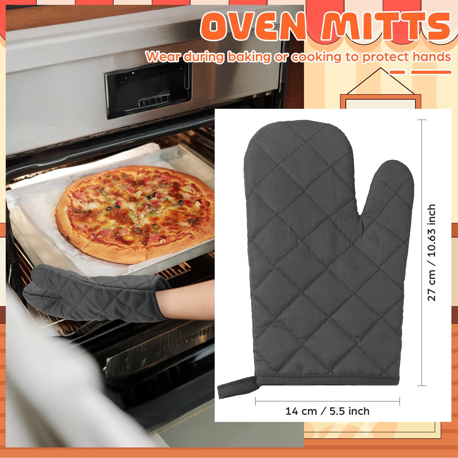 Lot de 6 paires de gants de cuisine résistants à la chaleur de 27,9 cm de long en coton et polyester matelassé pour cuisine, pâtisserie, barbecue, gris anthracite