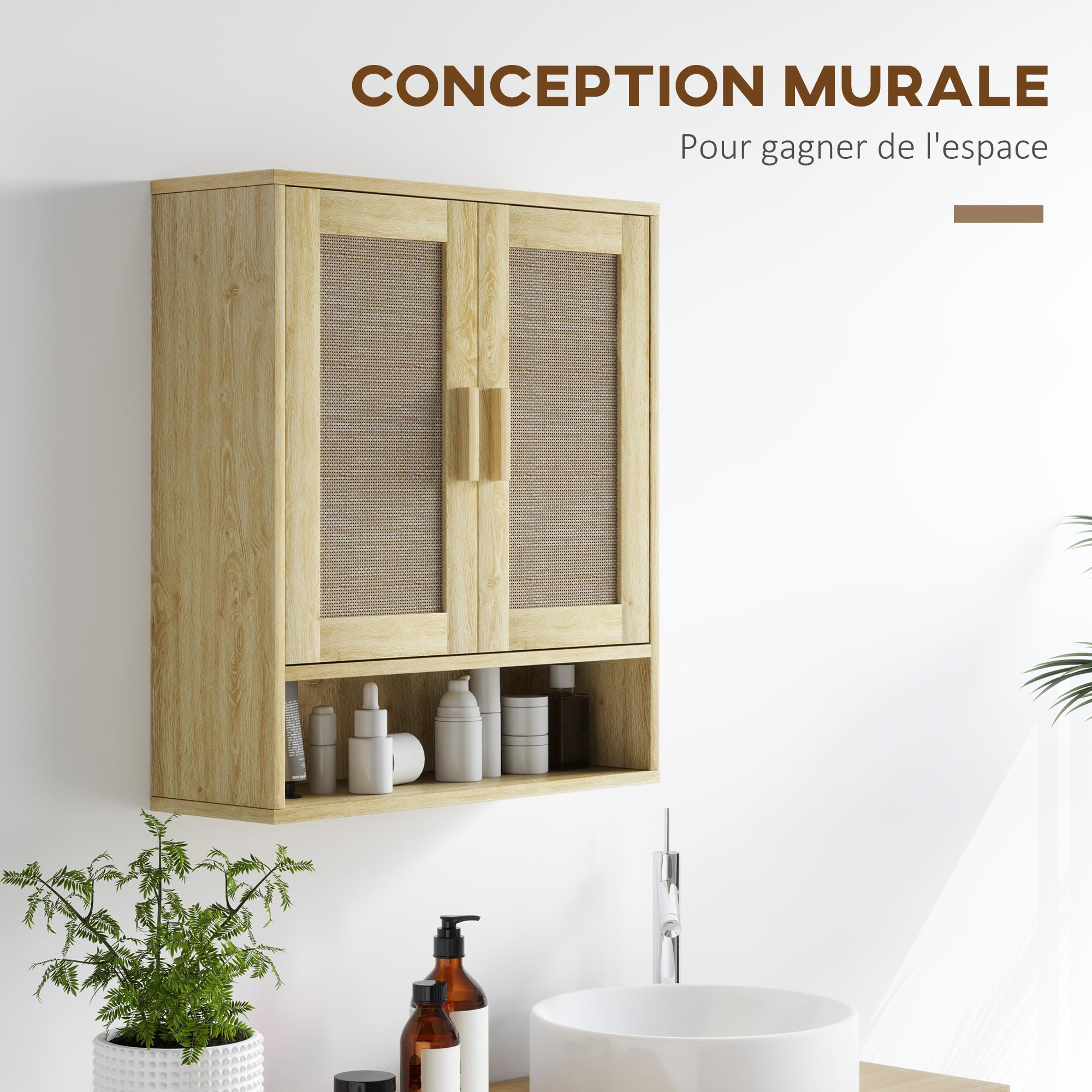 HOMCOM Meuble Mural Salle de Bain 59 x 20 x 66,5 cm Effet Bois de Chêne | Meuble WC Suspendu, Étagère Réglable, Double Porte, Étagère Ouverte