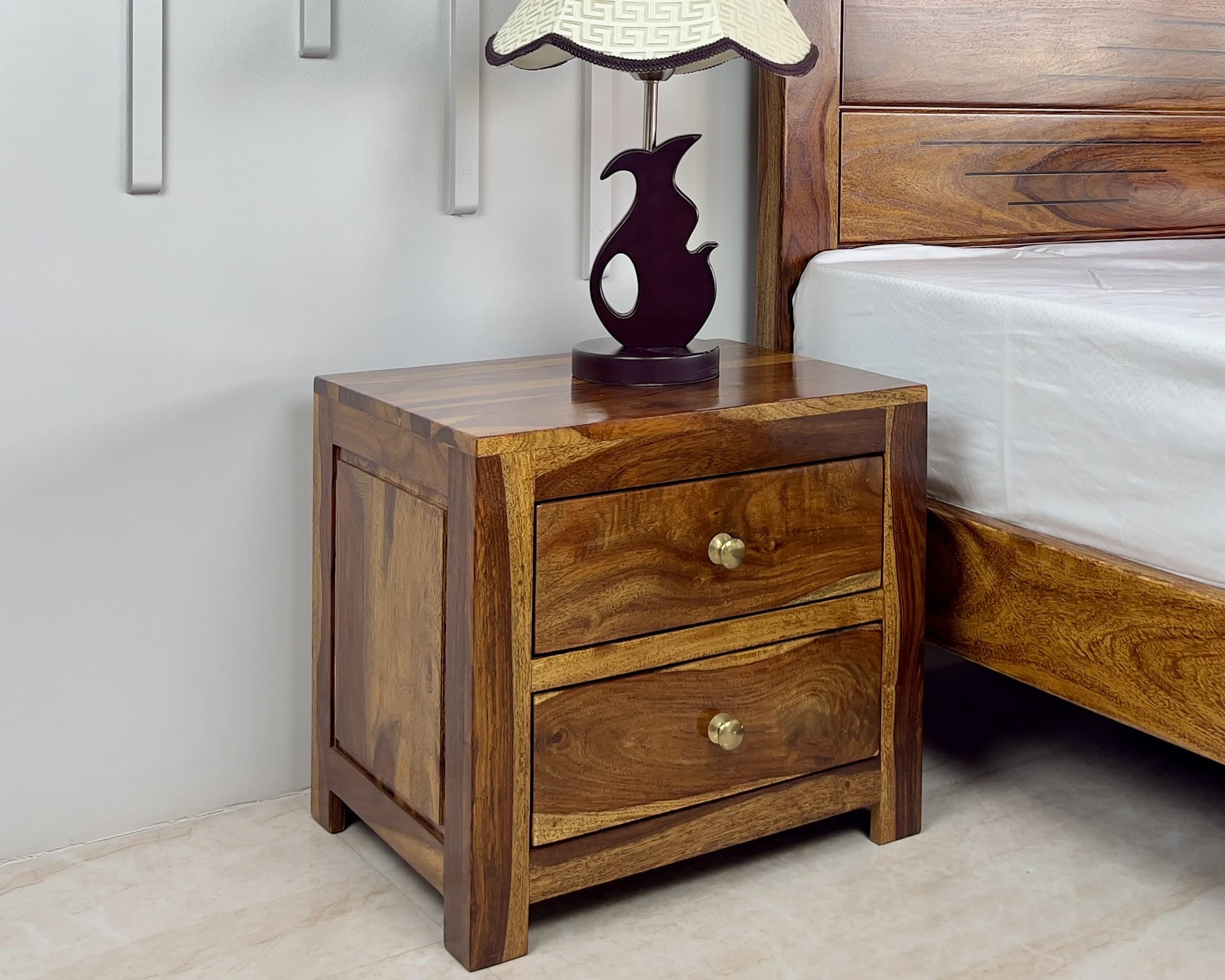 Wood Vestal Sheesham Wood Bedside Table with 2 Drawers, Natural Finish, Brass Handles, Wooden Nightstand-image-29