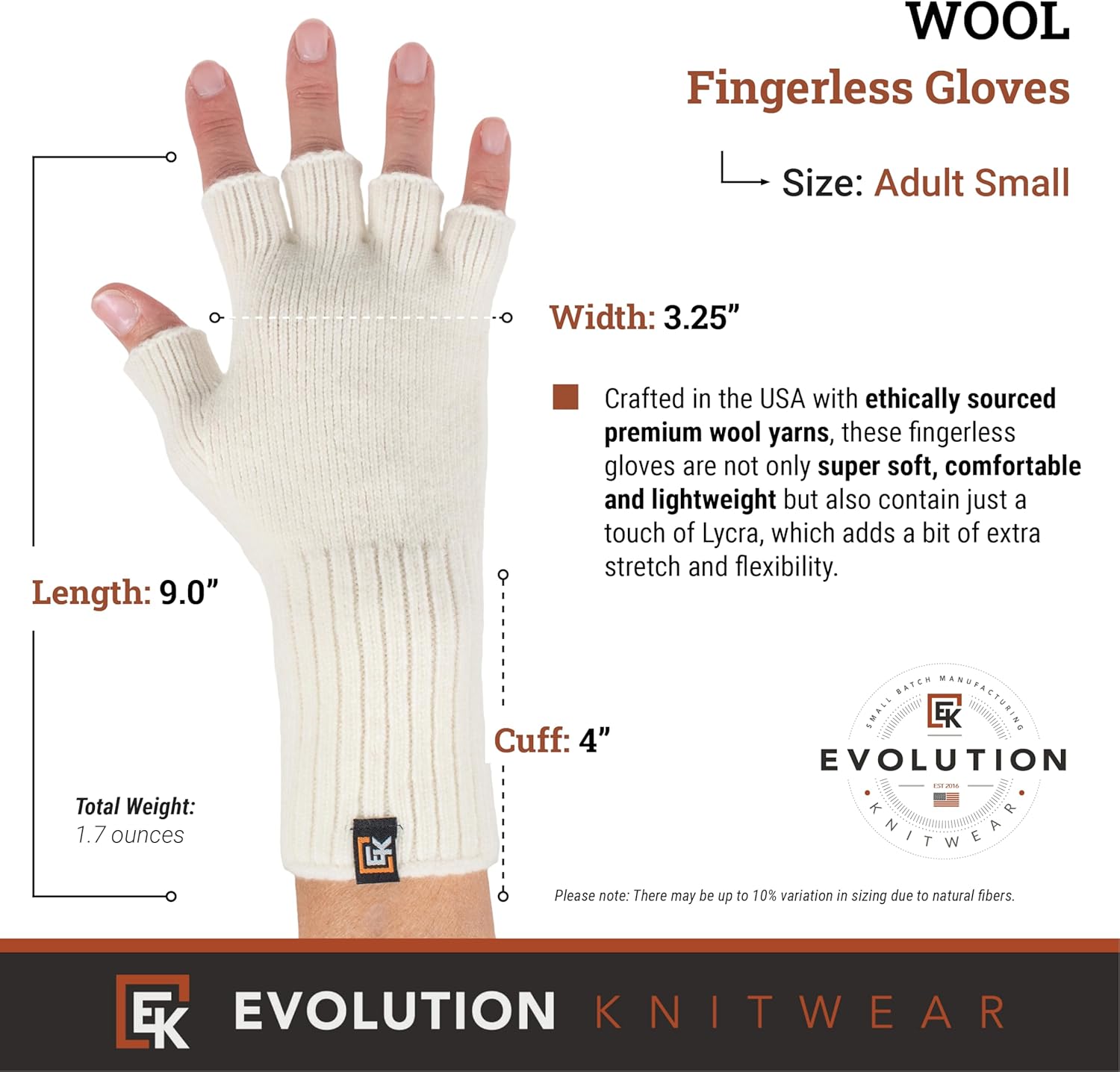 Evolution Knitwear Wool Knit Fingerless Gloves - Made in the USA - Super Soft Merino Wool - Small - Image 3