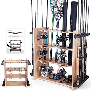Goture ロッドスタンド 竿スタンド リールスタンド リールディスプレイスタンド 木製 天然木【日本語取扱説明書付き】リール置き 多機能 大容量 釣竿収納 釣り竿立て 釣り竿ラック 鑑賞 収納 リール乾燥 スピニングリール フライリール ランディングネット ルアーケース 釣り道具収納