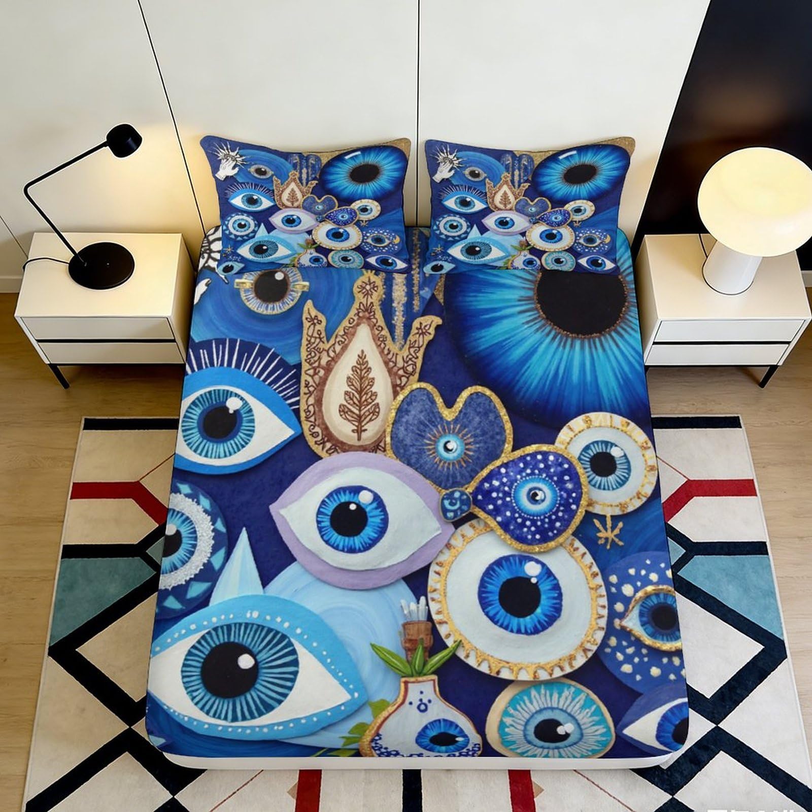 3D Printed Evil Eye Fitted Sheet Microfiber Soft Blue Hamsa Hand Bed Cover for Bedroom Dorm Mattress Protection Decor 90x200x25cm