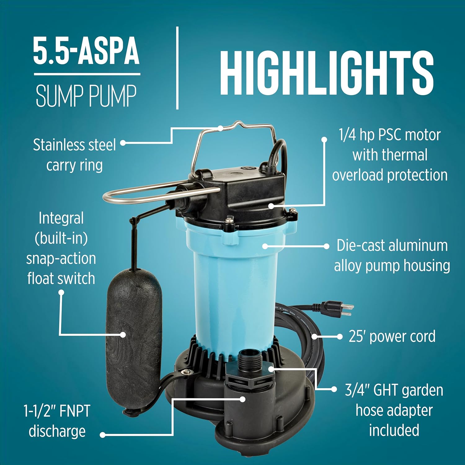 Little Giant 5.5-ASPA 115-Volt, 2100 GPH, 1/4 HP Automatic Aluminum Sump Pump with Snap-Action Float Switch and 25-Ft. Cord, Blue or Black, 505703