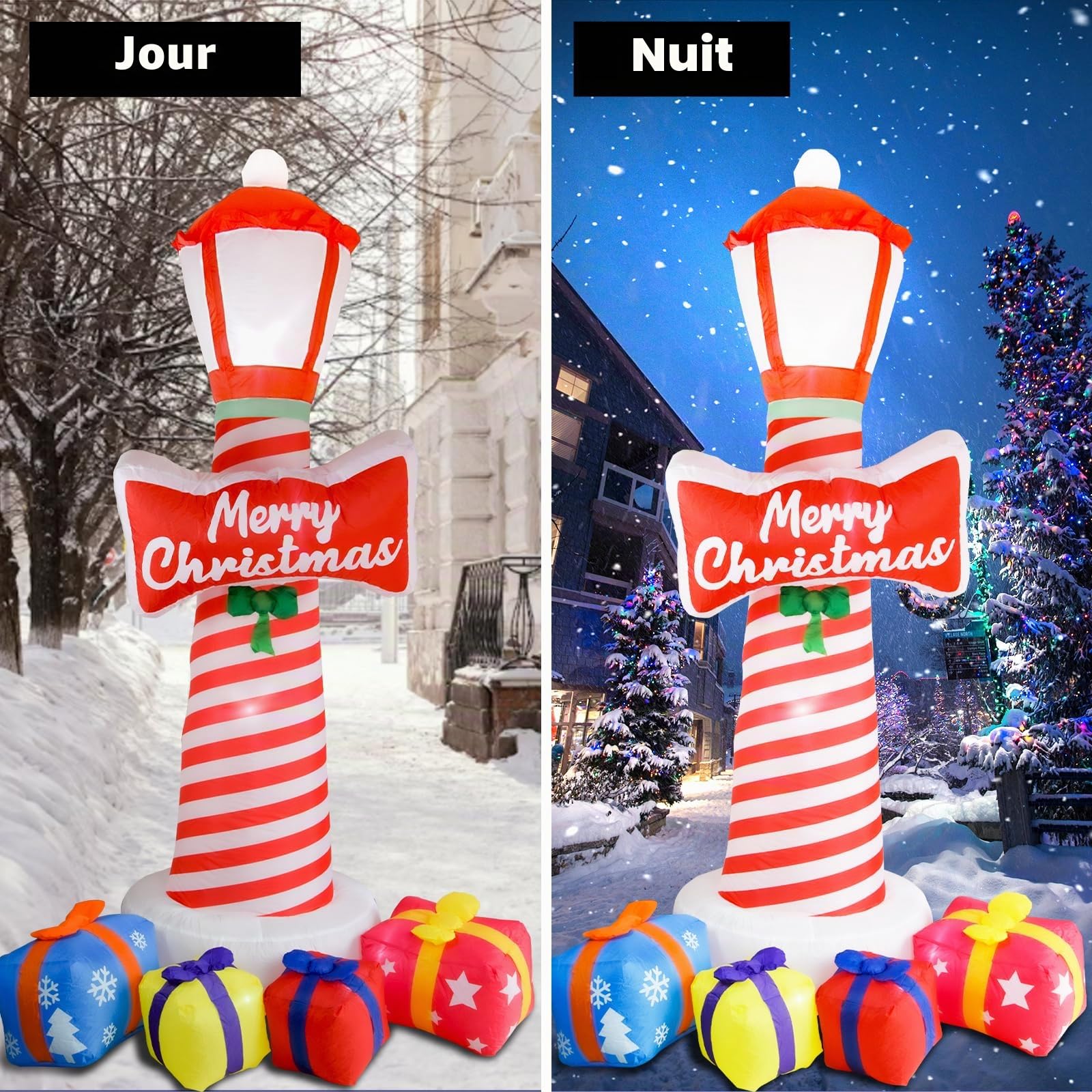 Phare de Noël gonflable de 8,1 pieds avec boîtes cadeaux, décorations de cour de Noël gonflables, avec lumières LED pour décoration de pelouse de vacances
