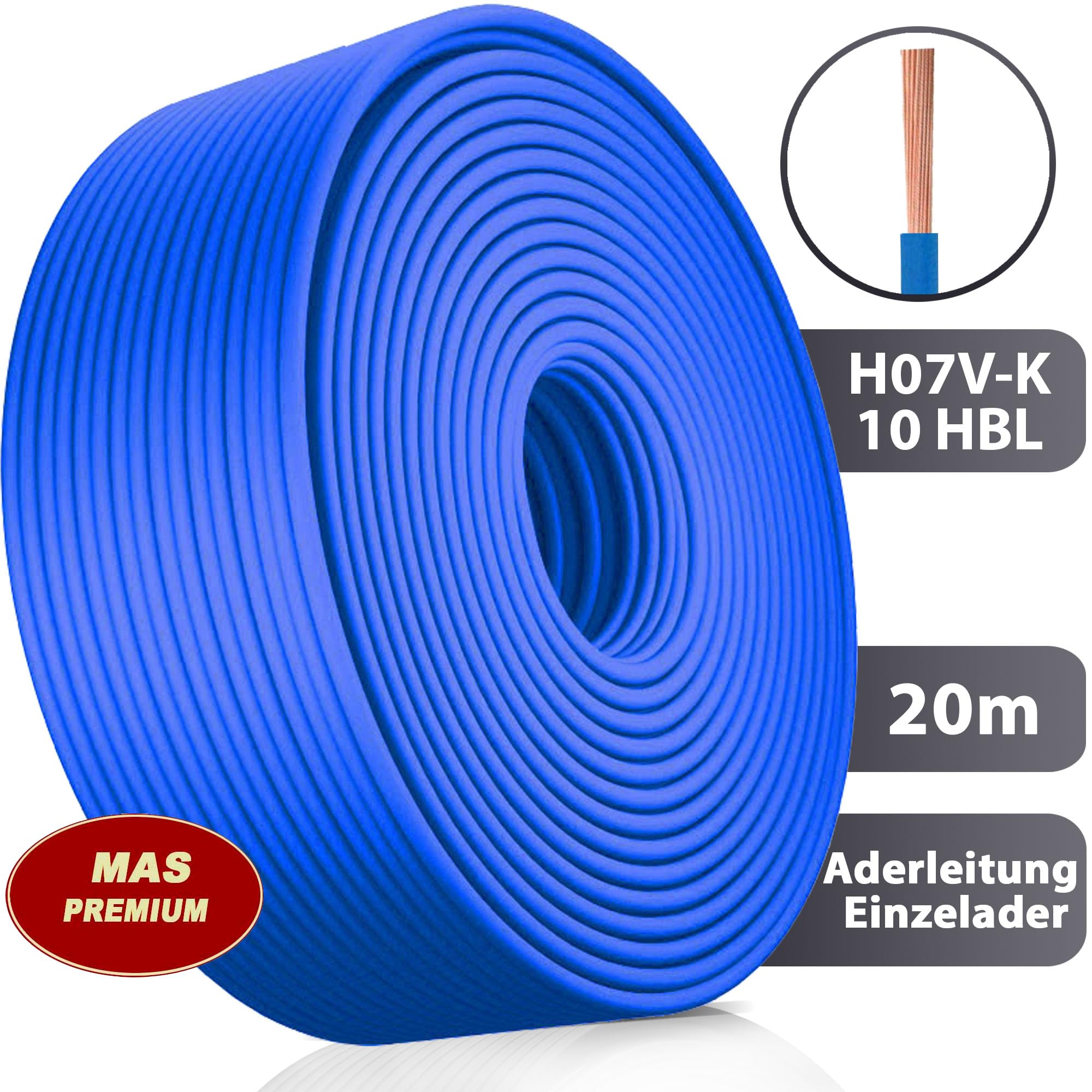 MAS Premium Przewód żyłowy od 5 do 100 m H07 V-K 10 mm², czarny, brązowy, ciemnoniebieski, zielono-żółty, jasnoniebieski lub czerwony, elastyczny (jasnoniebieski, 20 m)
