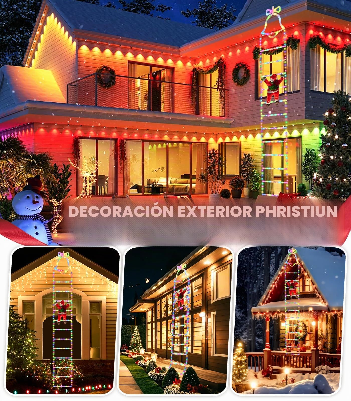 Guirnalda Luces de Navidad - 3 Metros LED Escalera Pilas Luces Navidad Exterior con Papá Noel, 8 Modos Luz Luces de Navideña Decoracion con Control Remoto Exterior Interior para Habitacion,Balcon