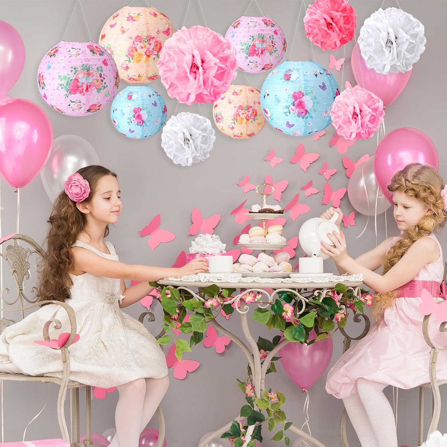 31 Pcs Tea Party Decorations Lanterns and Poms for Spring Fancy Party Decor 9 Flower Lantern 9 Tissue Bloom Poms 12 Butterfly Thread for Tea Garden Floral Birthday Wedding Bridal Shower - Image 6