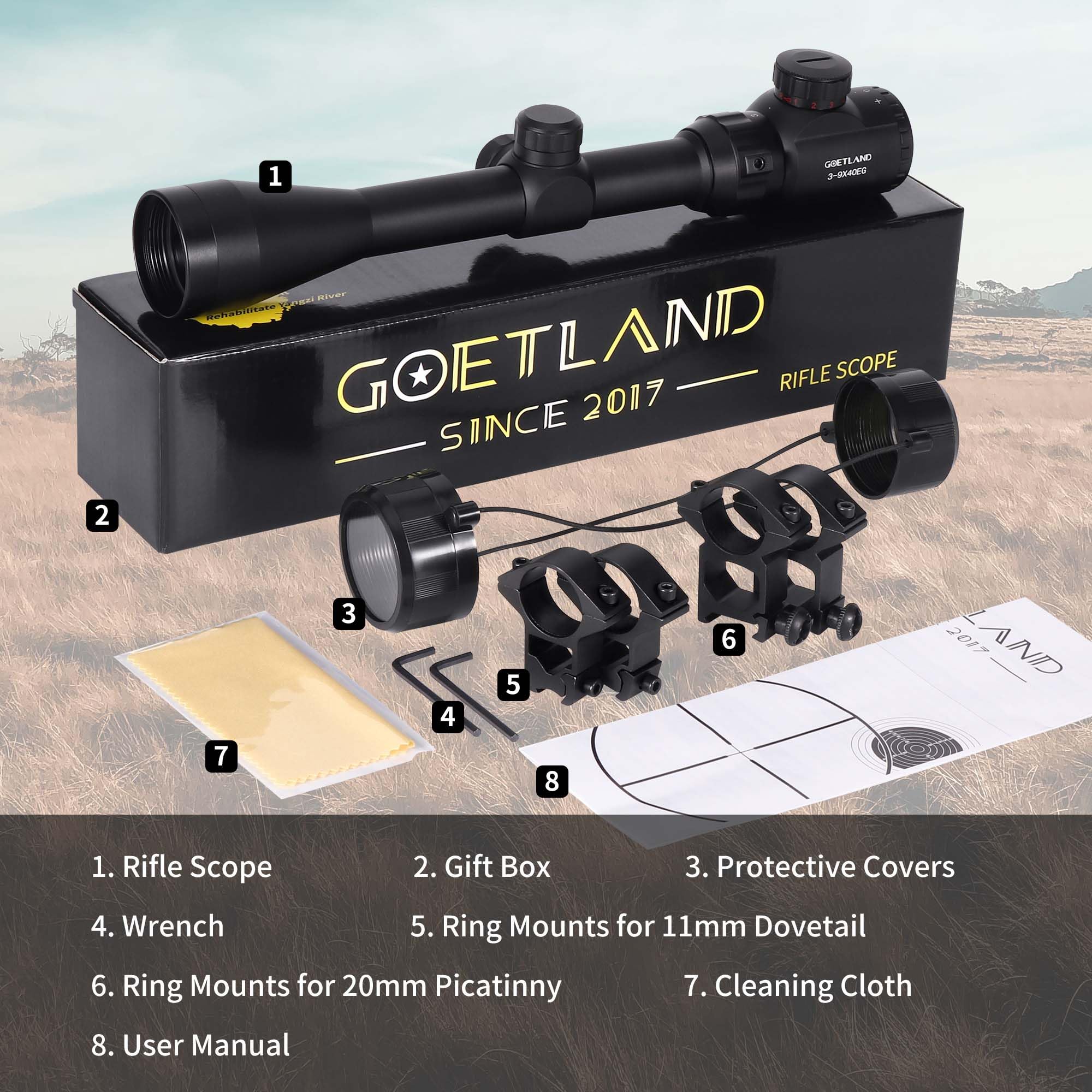 Goetland Gewehr Zielfernrohr 3-9x40 EG Airsoft Rot Grün Fadenkreuz mit Montage Ringe SFP für Taktische Jagd Armbrust Luftgewehr Sportschützen