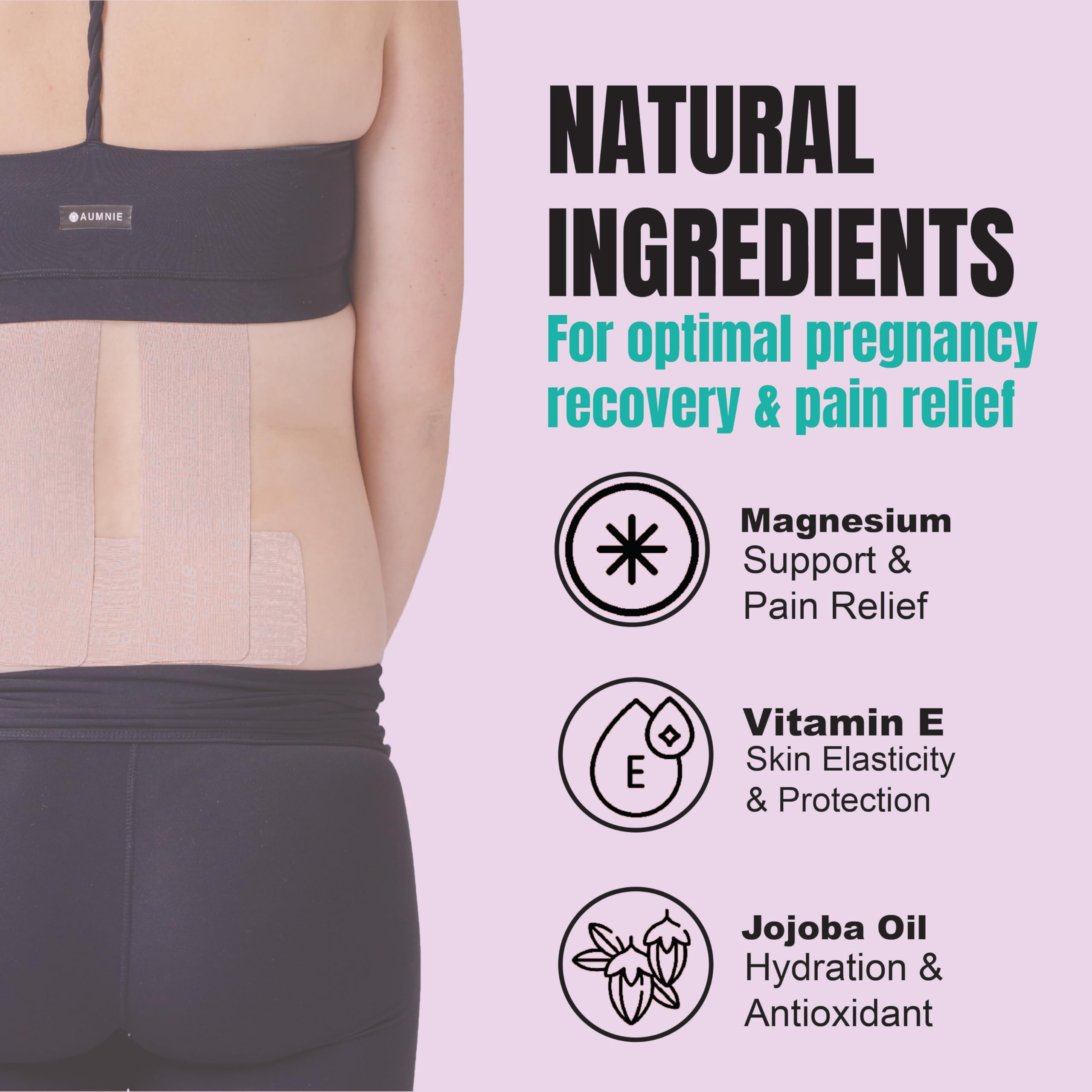 Heali Bump Kinesiology Tape, 15 Pre-Cut Wide Strips, Synthetic Silk Belly Tape, Magnesium, Vitamin E, Jojoba Oil, Infused for Flexibility, Skin Elasticity and Hydration, Pack of 1