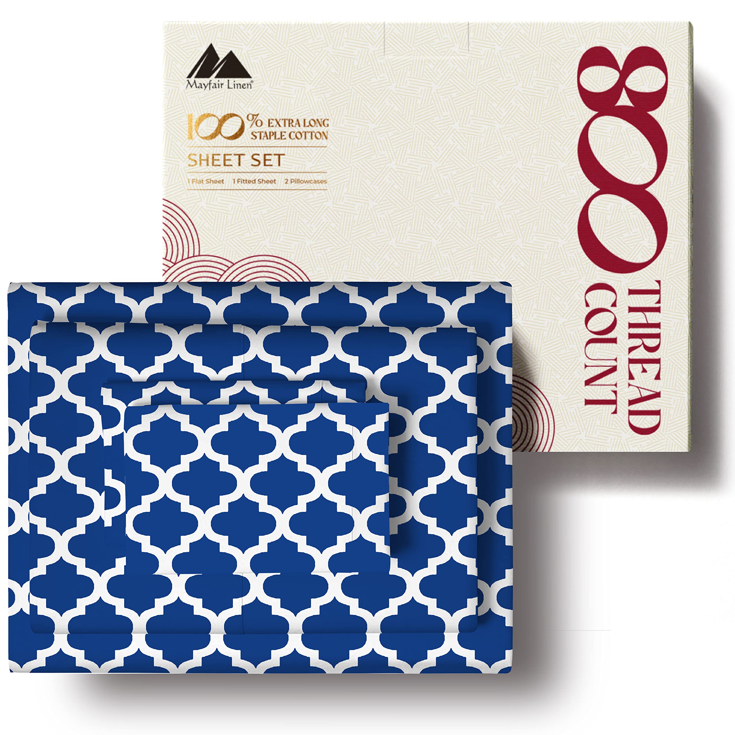 Mayfair Linen800 Thread Count 100% Egyptian Cotton Sheets, Navy Quatrefoil with White Pattern Queen Sheets Set, Long Staple Cotton, Sateen Weave for Soft and Feel, Fits Mattress Upto 18'' DEEP Pocket