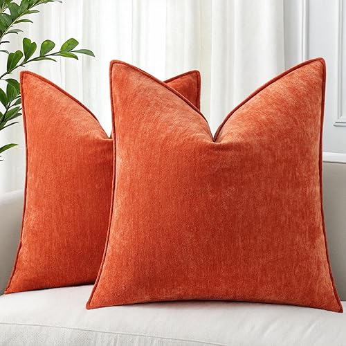 decorUhome Fall Couch Throw Pillow Covers 18x18 Set of 2, Decorative Soft Euro Neutral Chenille Pillow Covers with Elegant Design for Sofa Bed Living Room Home Decor, Rust