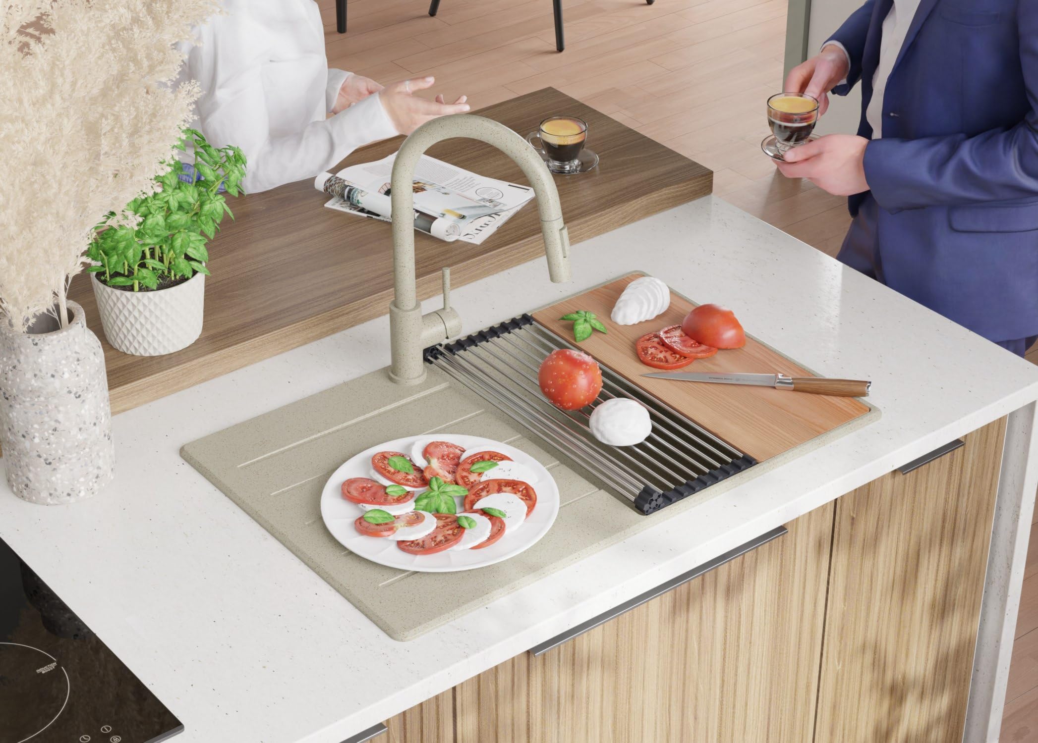 PRIMAGRAN Fregadero Cocina Beige 78x50cm, Granito 1 Seno + Sifón + Enrollable Escurridor, Sobre Encimera al Mueble 50cm - Copenhague Top S510