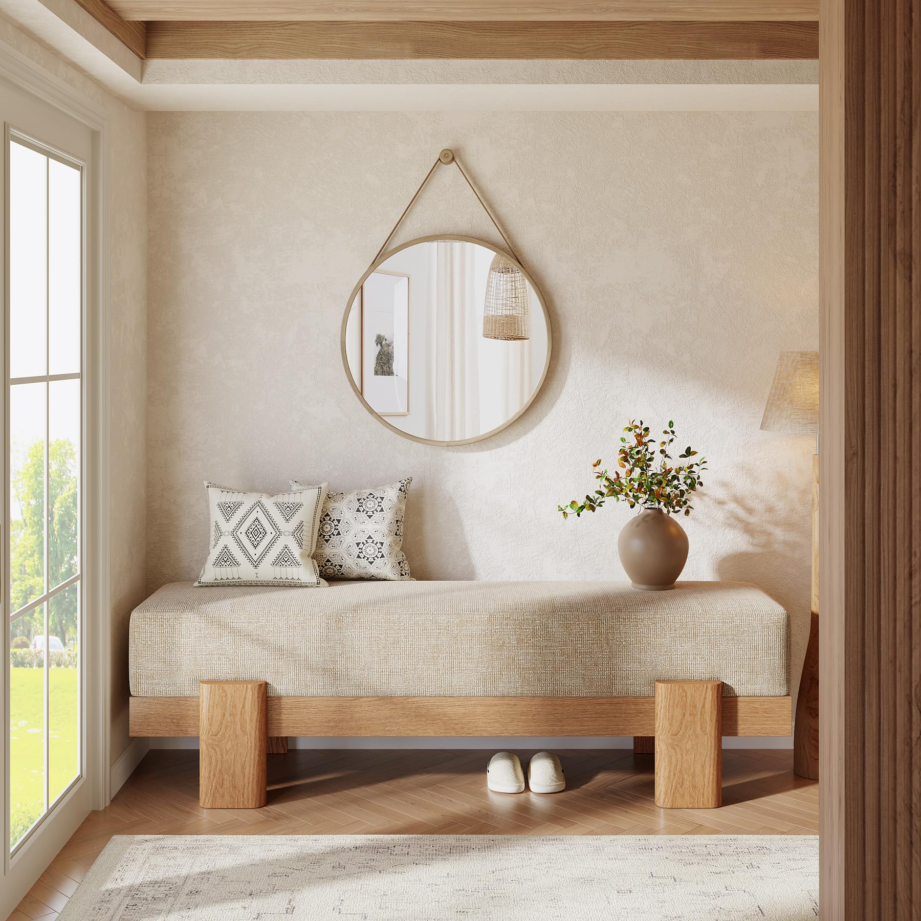 Tribesigns Banc Chaussures Entrée avec Tapissé, 140 x 35 x 45 cm, Moderne Banc à Chaussures avec Coussin épais Ultra-Moelleux et Structure en MDF, Bout de Lit pour Chambre à Coucher, Beige et Chêne