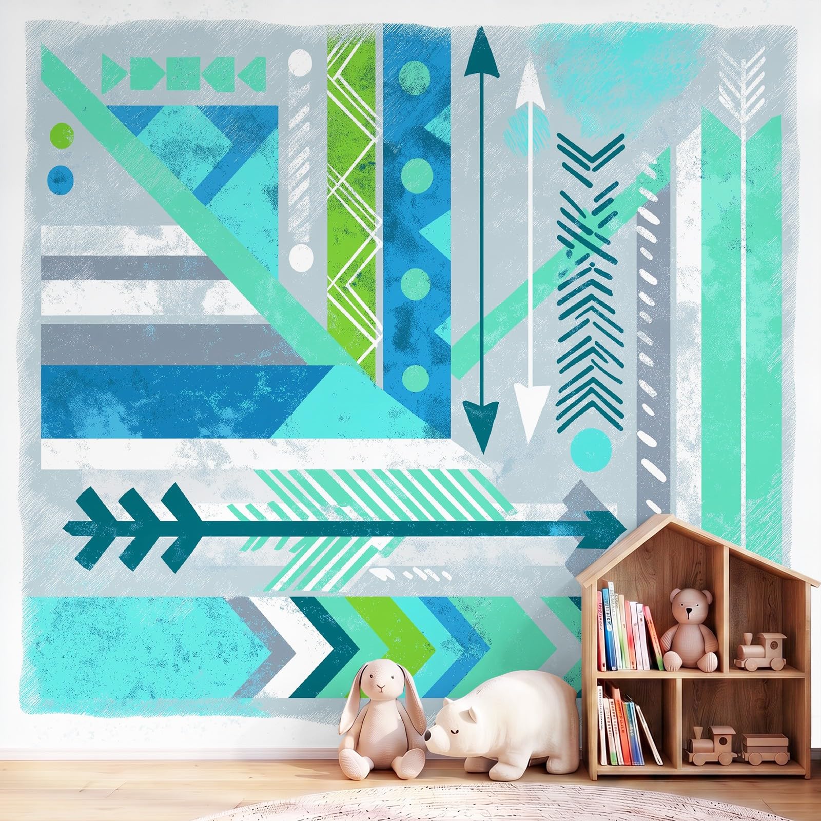 Papier Peint Panoramique Bohème Géométrique 350 x 256 cm Papier Peint Intissé Mural, Poster Geant Mural Flèche Bleu canard pour Salon Chambre d'enfants restaurant Décoration Murale