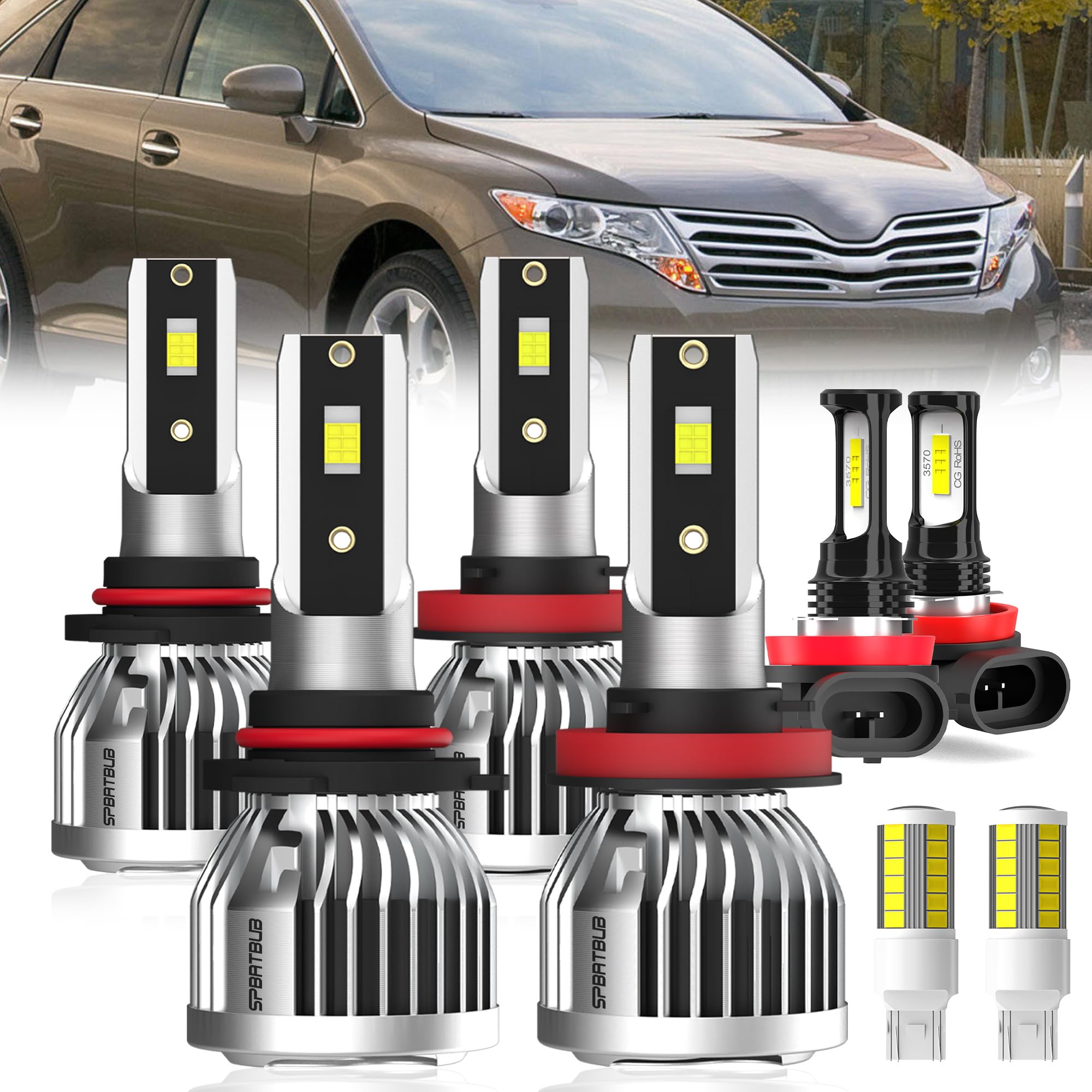 For Toyota Venza 2009-2016 light Bulbs, 9005/HB3/H10 High Beam + H11/H8/H9 Low Beams + H11 Fog Light Bulbs + Turn signal Lights, 8-Pack