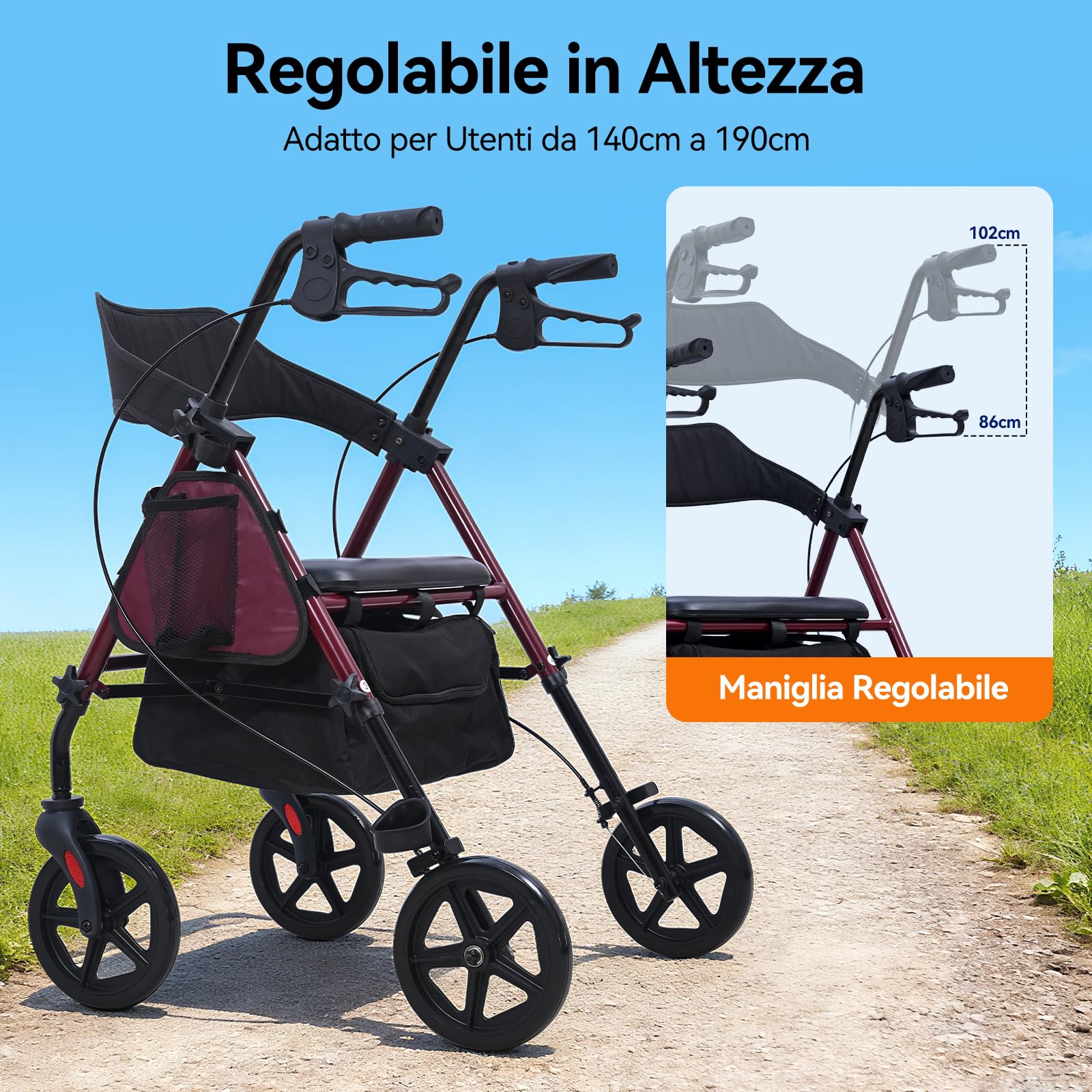 R4 deambulatore pieghevole con seduta, girello per anziani,altezza regolabile in 5 livelli su sedile e maniglie, Deambulatori a 4 ruote, Con borsa della e freni, portata max 100KG (R4-2)