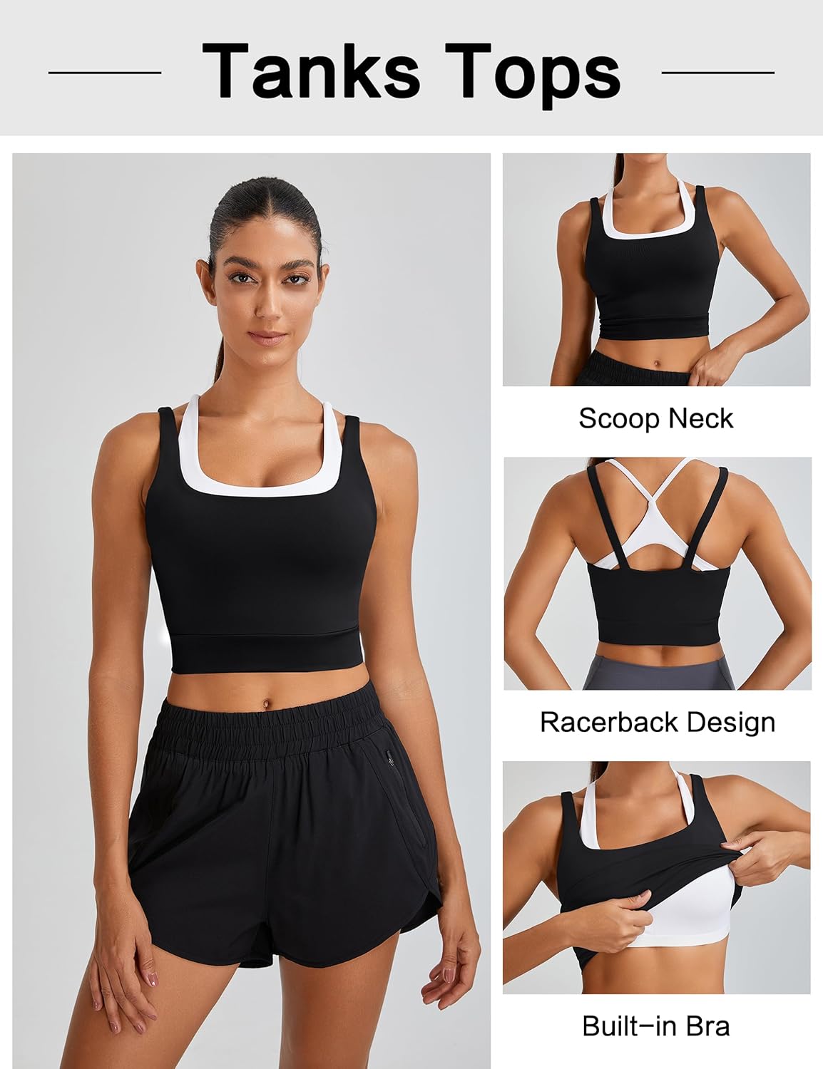 BMJL Womens Built in Bra Tank Tops Black Workout Scoop Neck Racerback Cropped Tops Camisole with Padded - Image 3
