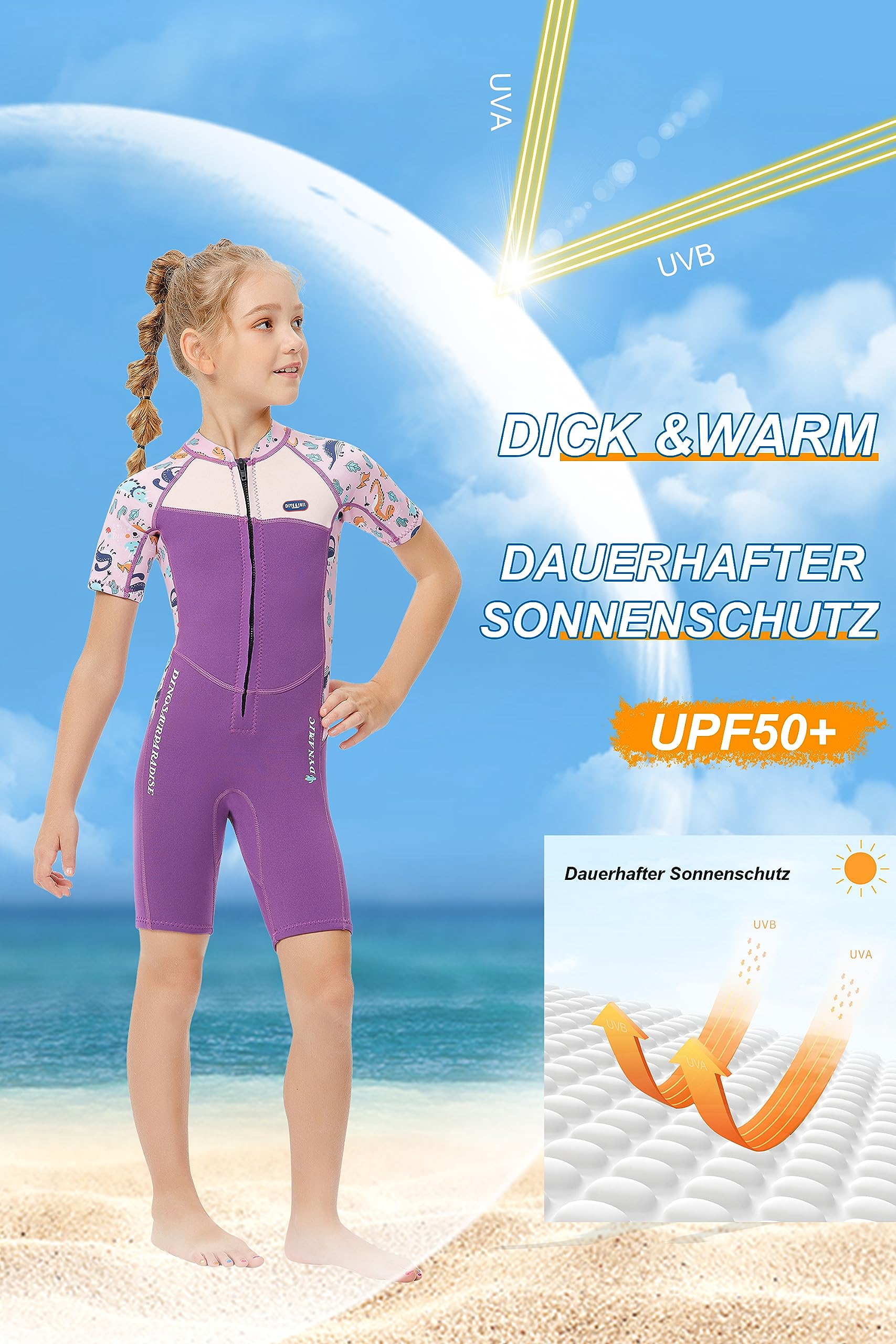 Mädchen 2.5mm Neoprenanzug Kinder Einteiler Tauchanzug Tropisch Violet Kurzarm Shorty Badeanzug Schnorchel One Piece Wetsuit