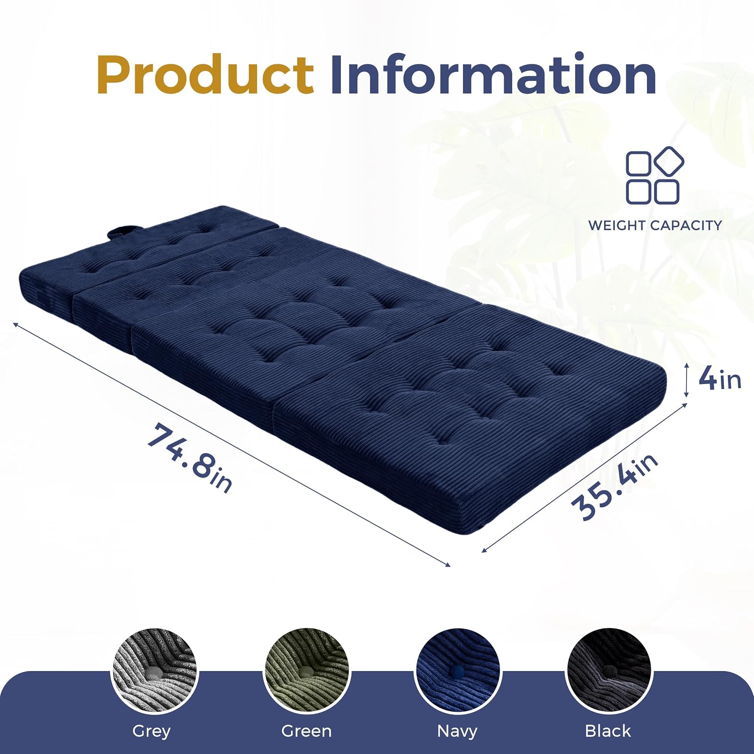 MAXYOYO Foldable Sofa Couch Bed, 4 Inch Tufted Folding Couch, Portable Floor Couch with Handles Guest Bed Topper Portable Camping Mat with Corded Fabric, Twin Size, Navy