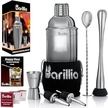 Barillio Mixology Bartender Kit - 8 pcs Stainless Steel Travel Cocktail Shaker Set with Bag - Bar Tools Set with Martini Shak