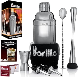 barillio Elite Cocktail Shaker Set Bartender Kit : 24 oz Stainless Steel Martini Mixer, Muddler, Mixing Spoon, jigger, 2 liquor pourers, Velvet Bag, Recipes Booklet & eBook
