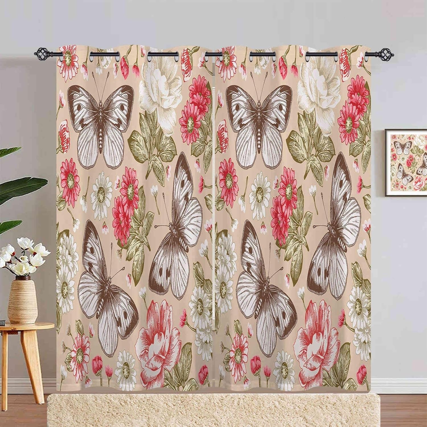 Motyl retro nieprzezroczyste zasłony do sypialni, zasłona termiczna z oczkami, zestaw 2 sztuk, wys. 300 x szer. 140 cm, kwiaty, zasłony zaciemniające, zasłona chroniąca przed hałasem