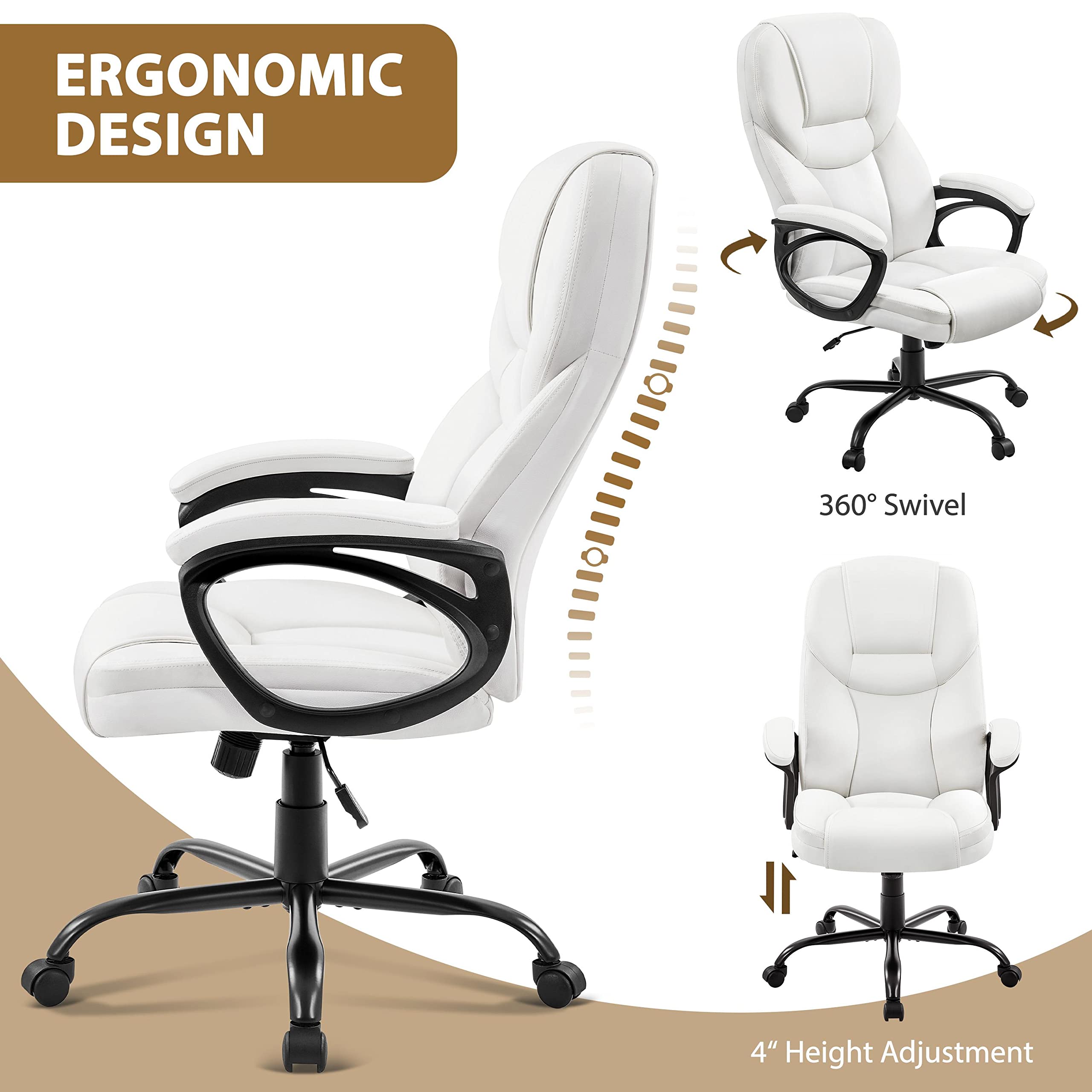 Sedia da Ufficio Ergonomica Direzionabile con Braccioli Imbottiti in Pelle PU Funzione Dondolo e Altezza Regolabile con Rotelle Bianco