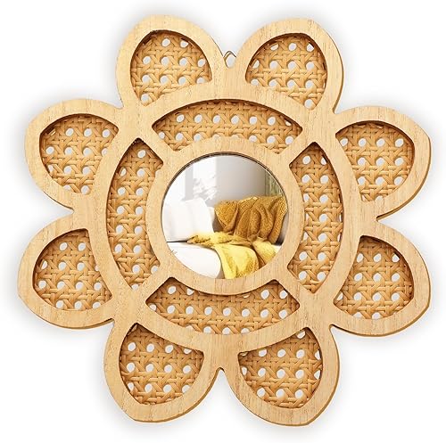 Beeveer Espejo de pared de ratán bohemio, decoración de flores de sol, espejo redondo moderno decorativo de ratán de 11.81 pulgadas, espejo de ratán