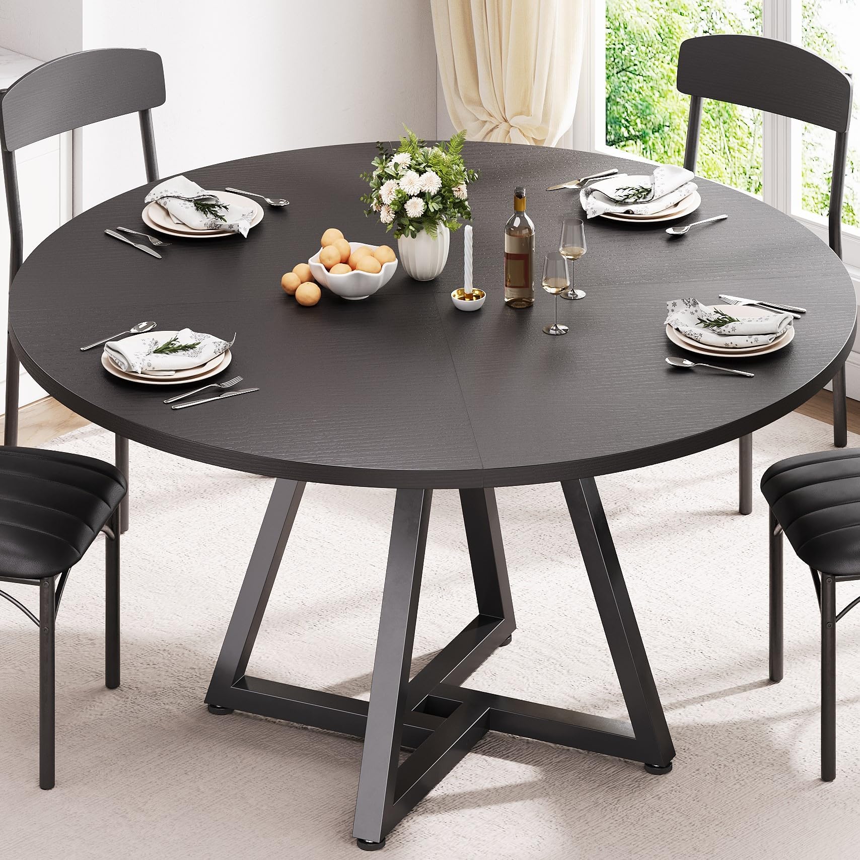 Jocoevol Runder Esstisch für 2–4 Personen, Küchentisch mit stabilem Metallgestell, platzsparender Esszimmertisch im Industrial Design (Schwarz, 107x107x76cm)
