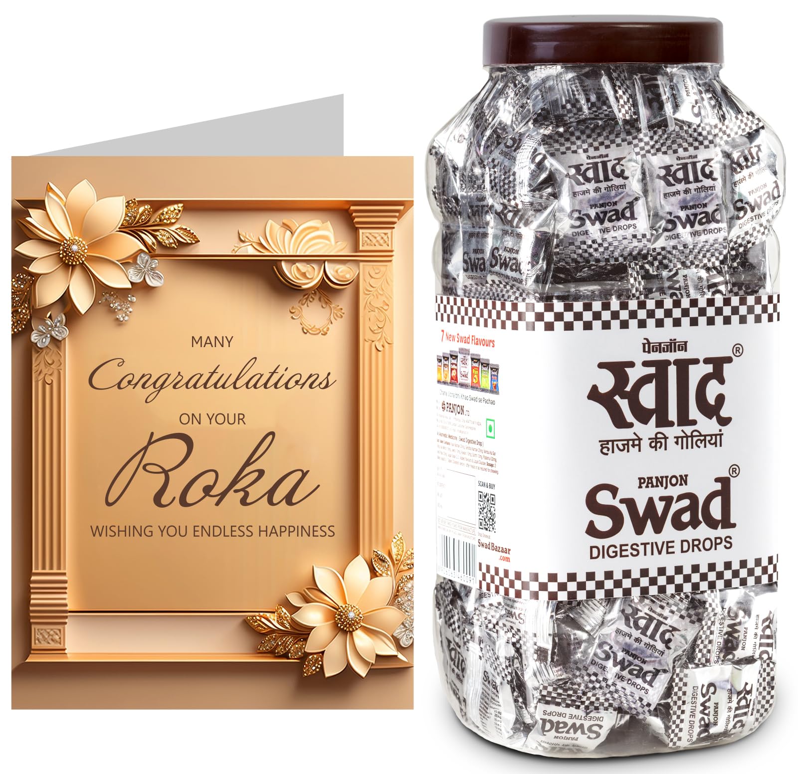 Swad Gift for Roka ceremony/pre engagement hamper with Card (Swad Digestive Candy 200 Jar & 1 Greeting card)