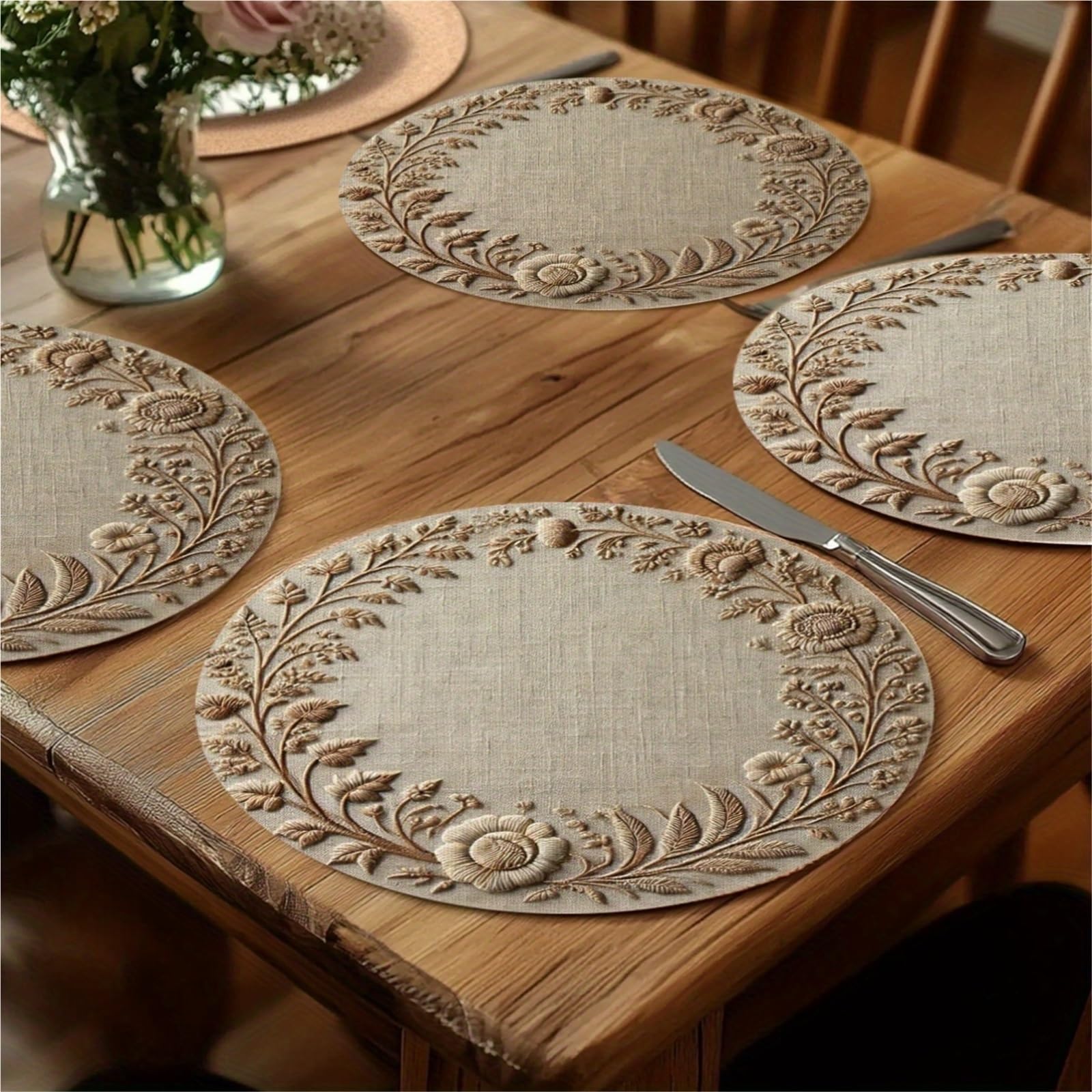 Tischset Rundes Tischset aus Reispalmen-Spitze, wasserdicht, ölbeständig, nordischer Stil, künstlerische Atmosphäre, Tischdekoration(YM-8PC38X38CM(1X1FT)