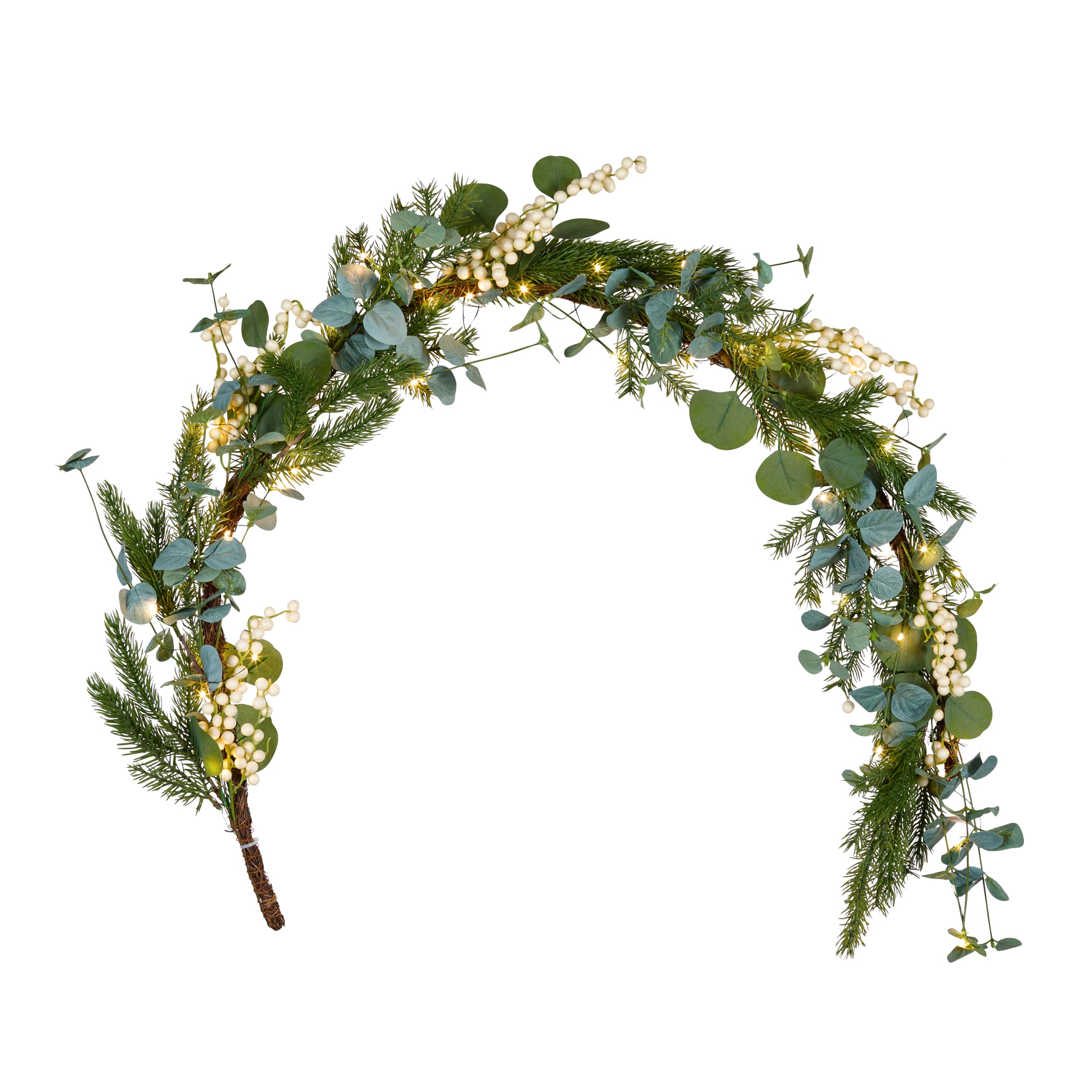 Light4fun Eukalyptus- und weiße Beerengirlande mit Beleuchtung batteriebetrieben & mit Timer Weihnachten Dekoration beleuchtet Innen Grün Weiß (1,5 m)