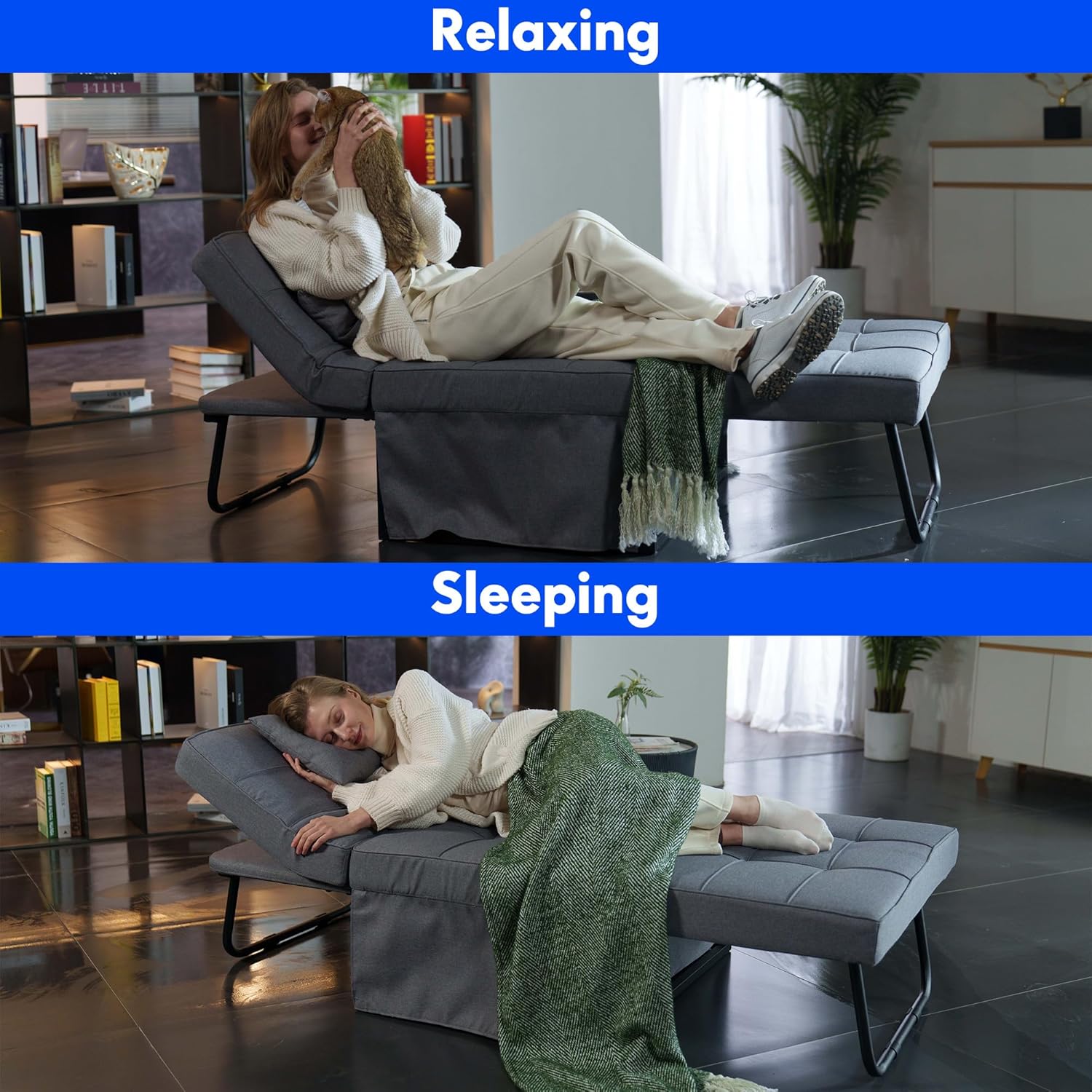 Two images showing the sofa bed in use: one person relaxing in a chaise lounge configuration, and another person sleeping in a bed configuration.