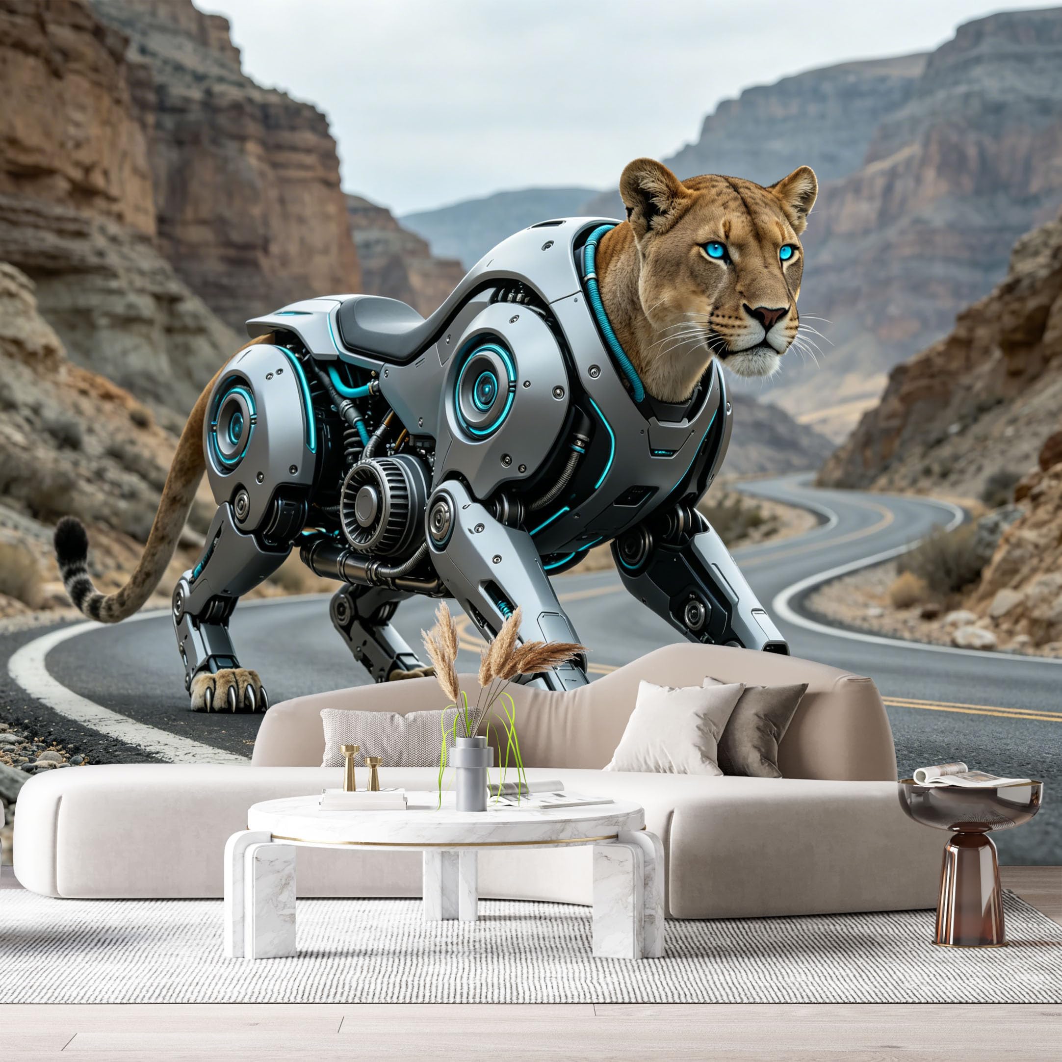 Custom Size Wall Mural Cybernetic Wild Feline Mech Futuristic Robot Animal Neon SciFi Style SelfAdhesive Art Prints Removable Large Wallpaper Esports Room Game Room Tenant Room Studio