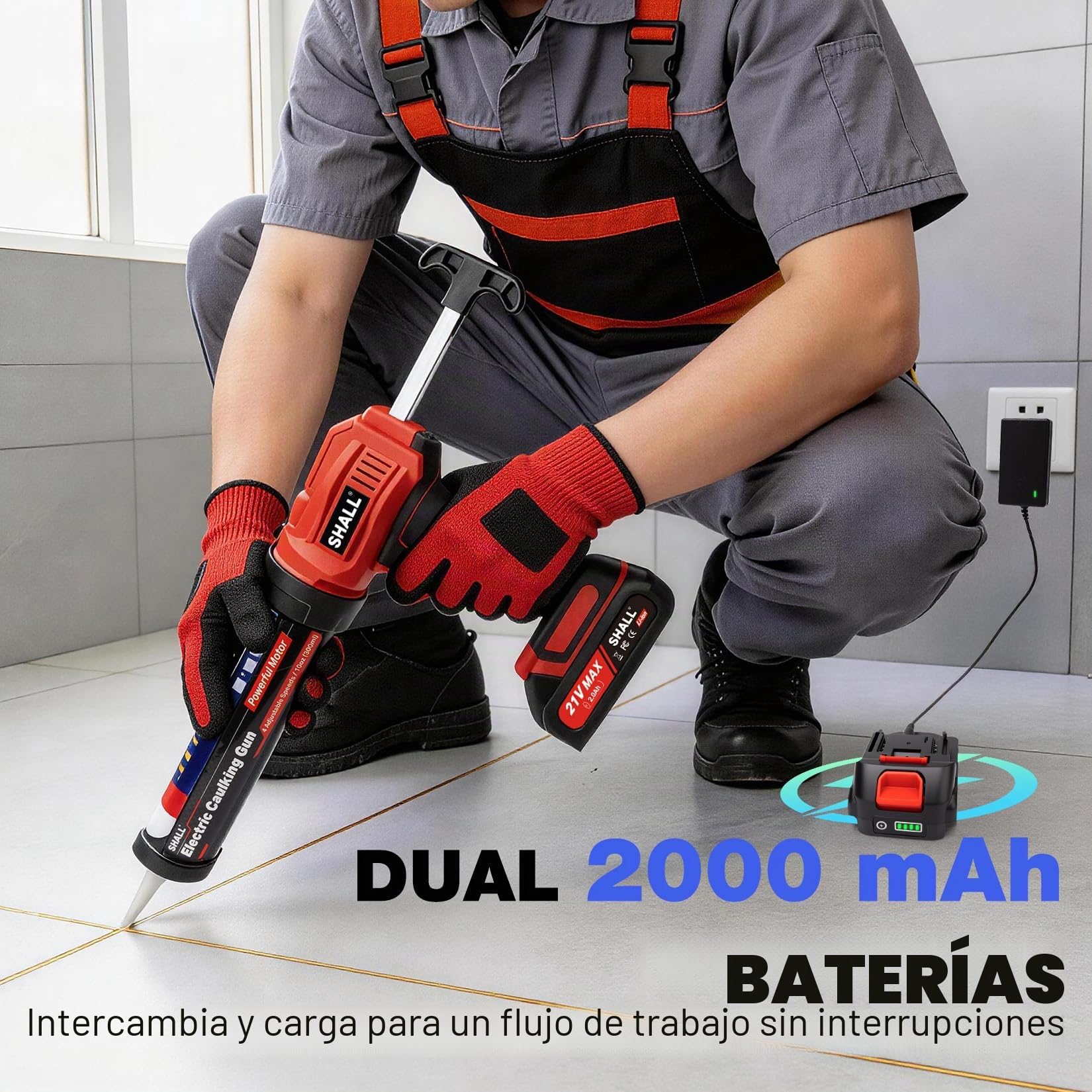 SHALL Pistola de calafateo eléctrica de 21 V,Luz LED, 4 velocidades ajustables, diseño antigoteo, se adapta a cartuchos de 300 ml para sellar y llenar