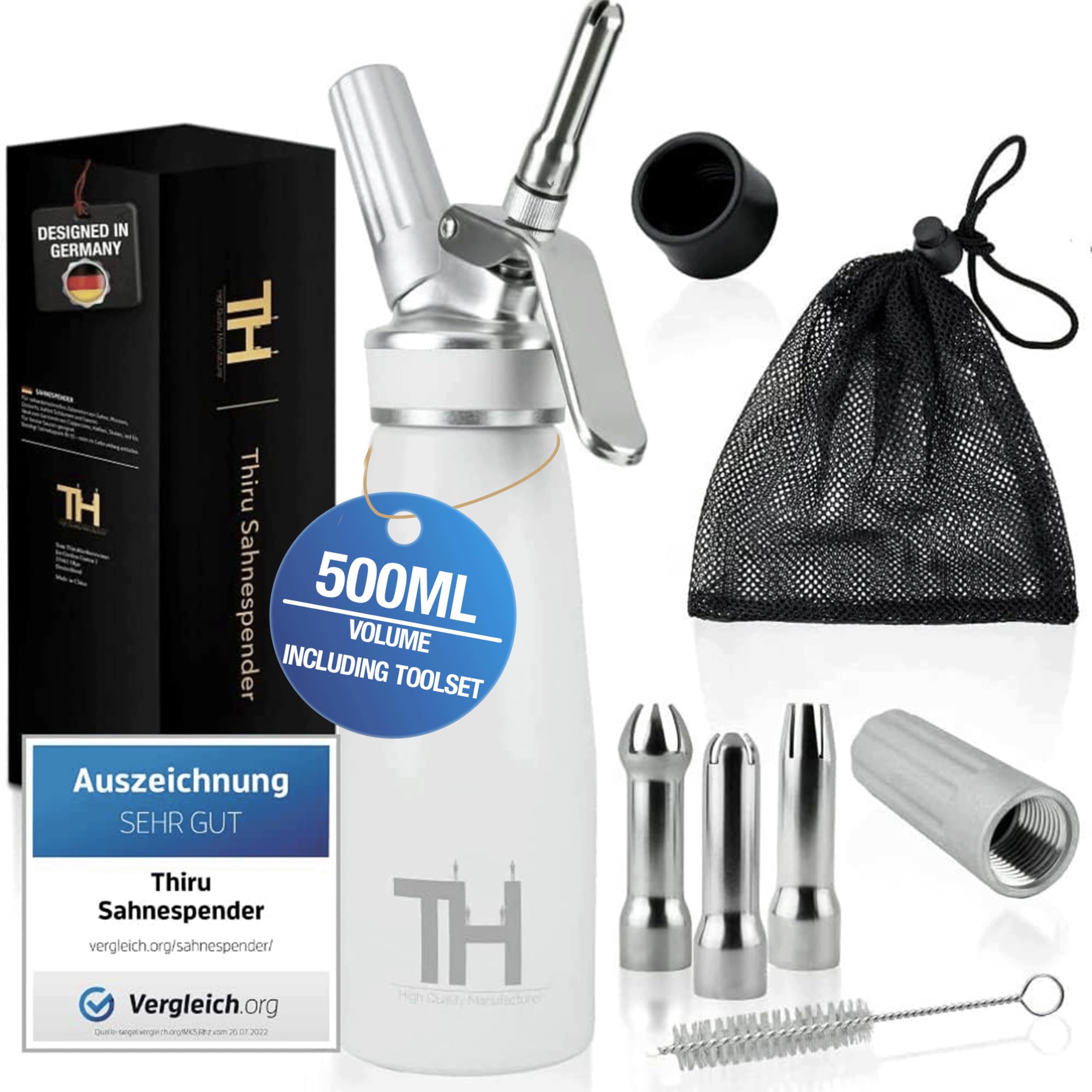 Thiru Cream Dispenser with Toolbox - Note Very Good - Test for 100 Days - Cream Syphon with eBook and 3 Stainless Steel Nozzles - Cream Syphon for Whipped Cream, Espuma and Hot Food (Snow White) โ image 1