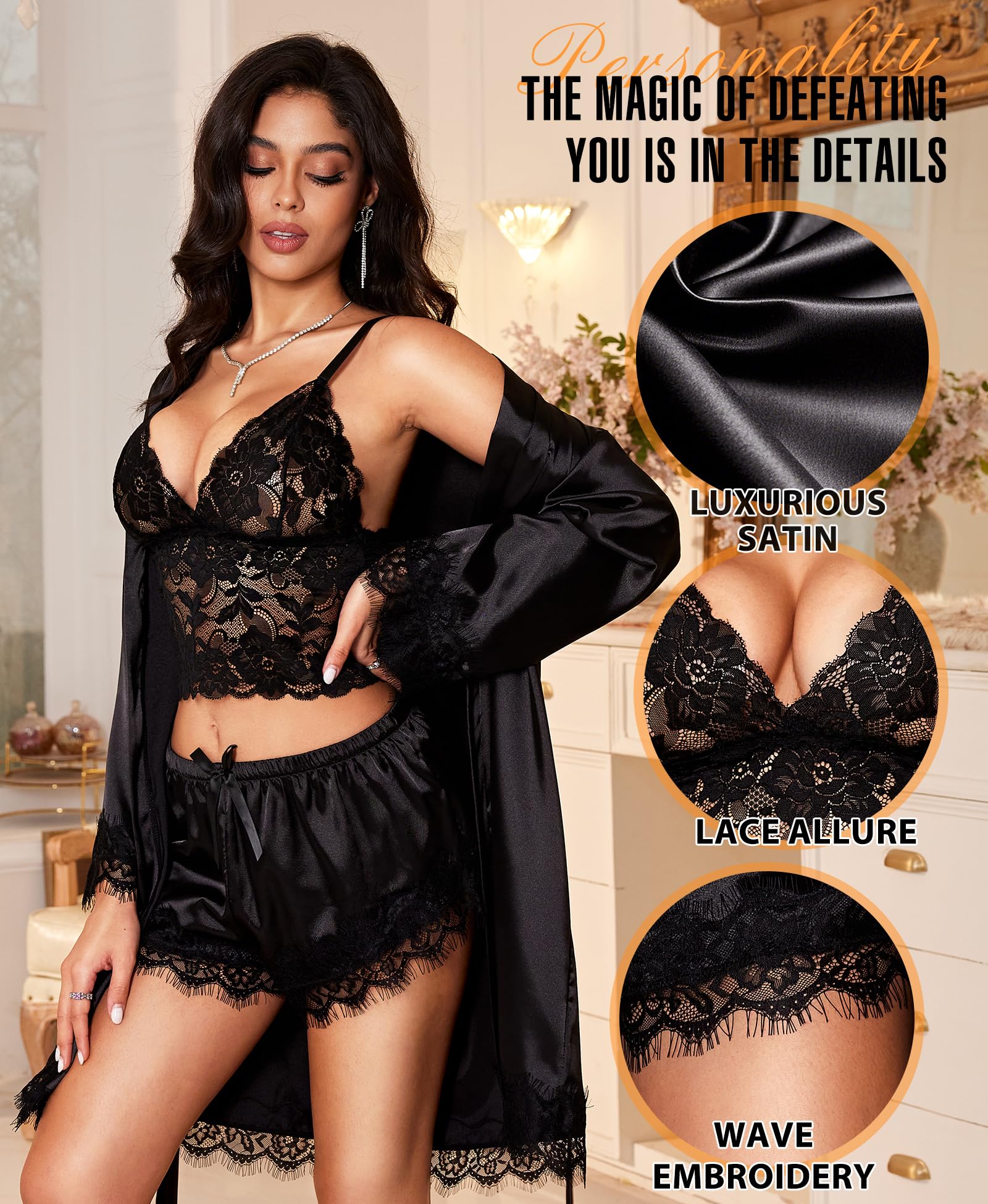 RSLOVE Sexy Dessous für Damen - Satin Morgenmantel Nachtkleid Nachtwäsche
