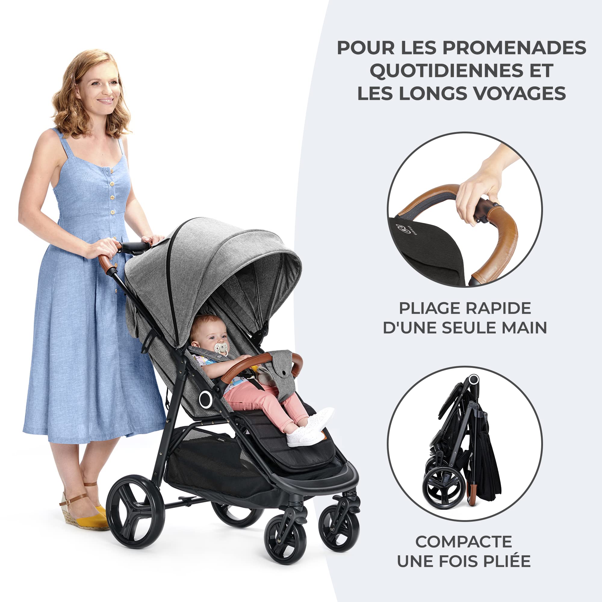Kinderkraft GRANDE PLUS Poussette Canne dès la Naissance jusqu’à 22 kg, Pliage d'une seule main, Position allongée, Capote extensible, 4 Roues amorties, Noir