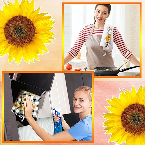 Miniatura 4 de Bencailor 4 toallas de cocina con girasol, diseño de flores de Navidad, diseño de rejilla blanca y negra, diseño floral, de secado rápido, regalo de