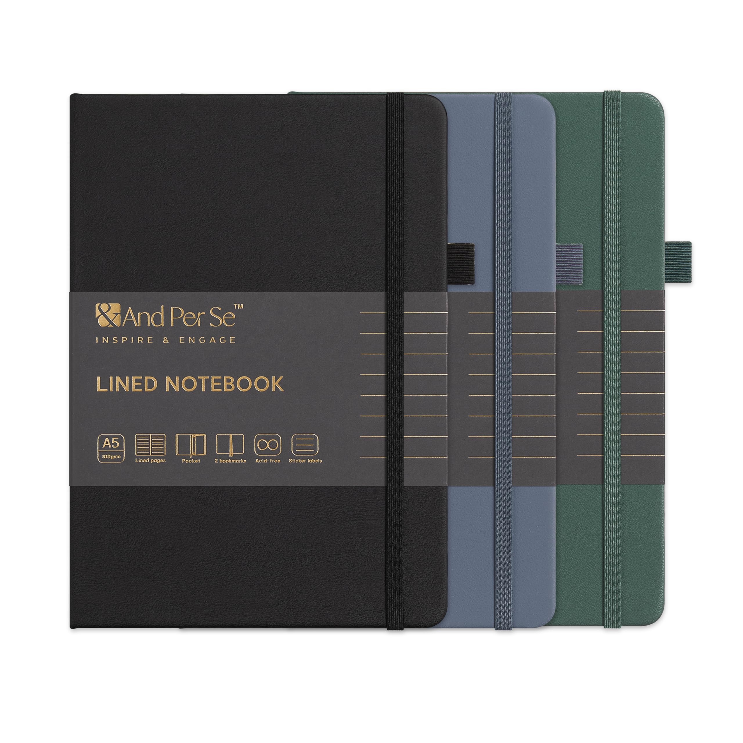 &And Per Se Lined Notebooks 3-Pack Gift Set, A5 Hardcover Journals, 160 Pages 100gsm Thick Paper, 3 Assorted Colors (Black, Blue, Green) — image 1