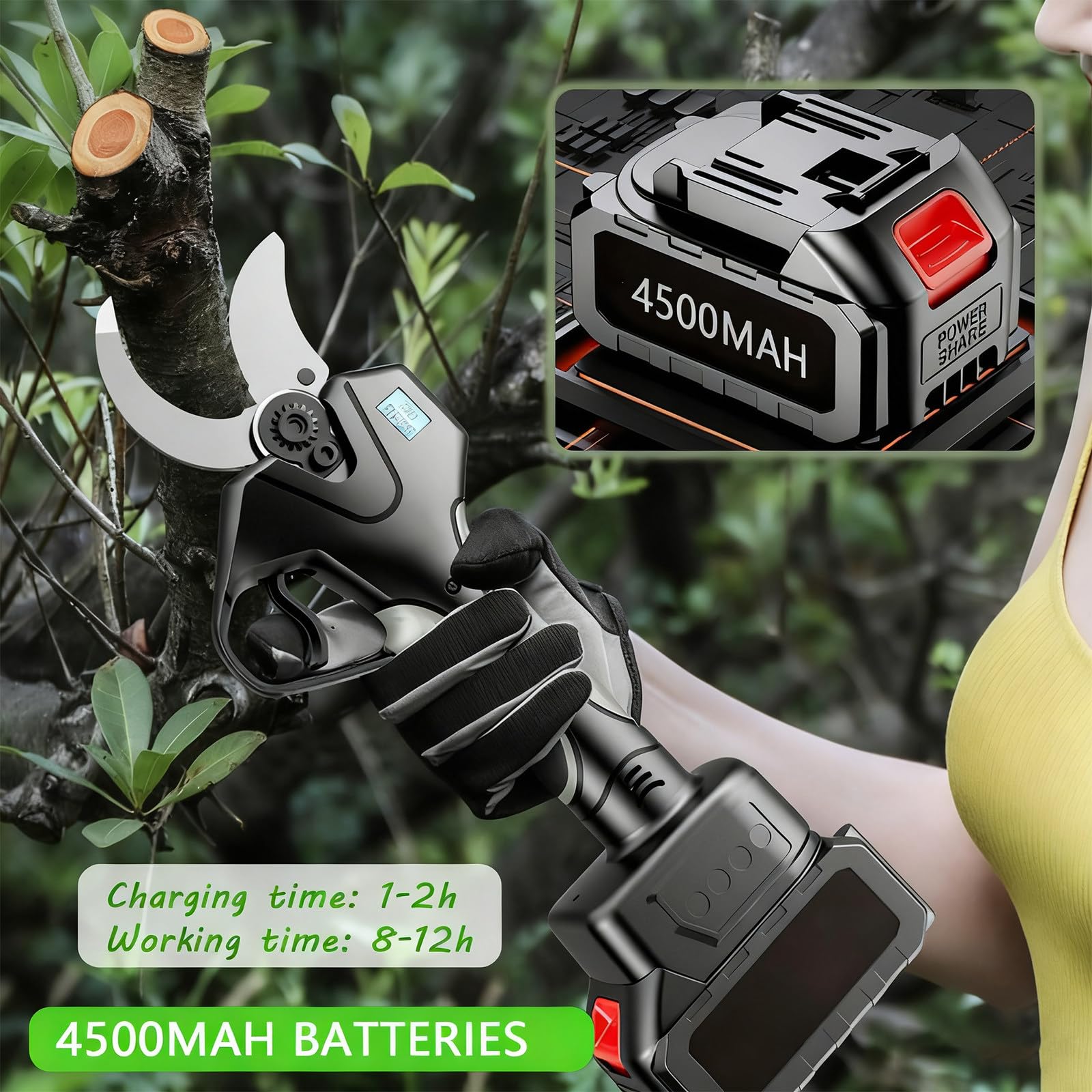 Podadora eléctrica inalámbrica de 50 mm con 2 baterías de 4500 mAh, para jardinería, árboles frutales y viñedos